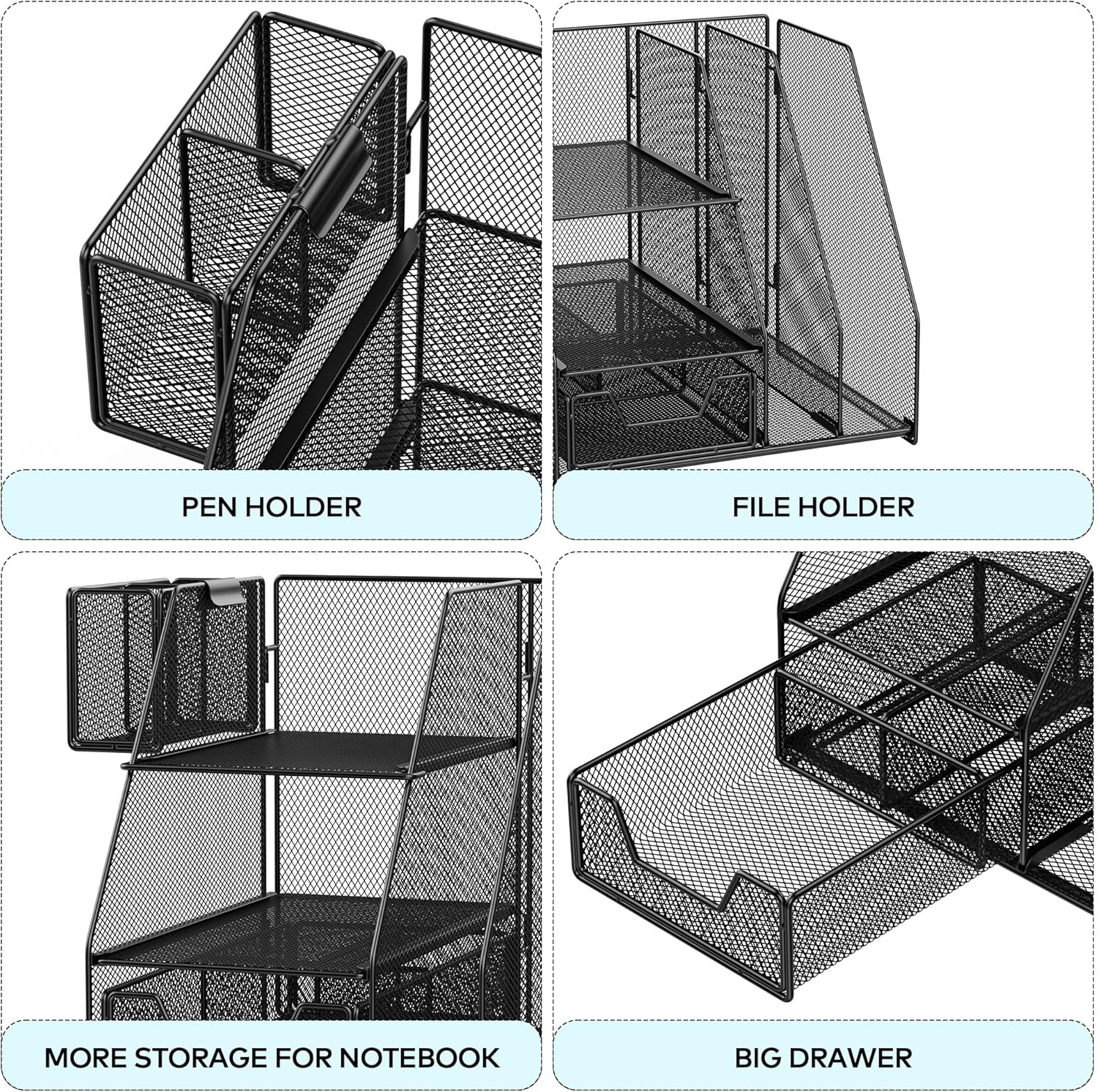 ADO03 Metal Mesh Desk Organizer with File Holder, 2-Tier Paper Letter Tray and One Drawer, 2 Pen Holders & 2 Vertical Magazine Holders for Office Supplies, Black