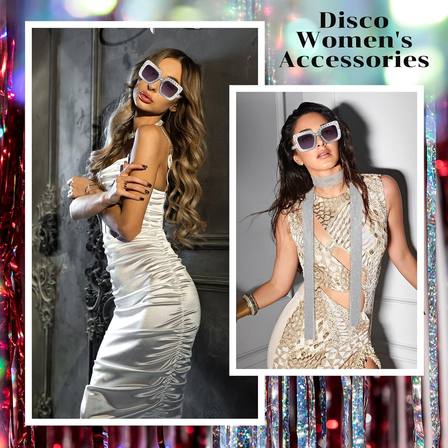 Abeillo Disco Outfit for Women - Silver Sequin Scarf & Glasses Set 70S Disco Outfits Accessories Women