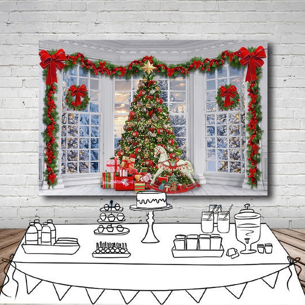 9X6Ft Christmas Window Backdrop for Photography Xmas Pine Tree Gifts Background Winter Snow Scene Merry Christmas Photo Backdrop Studio Props Banner image number 4