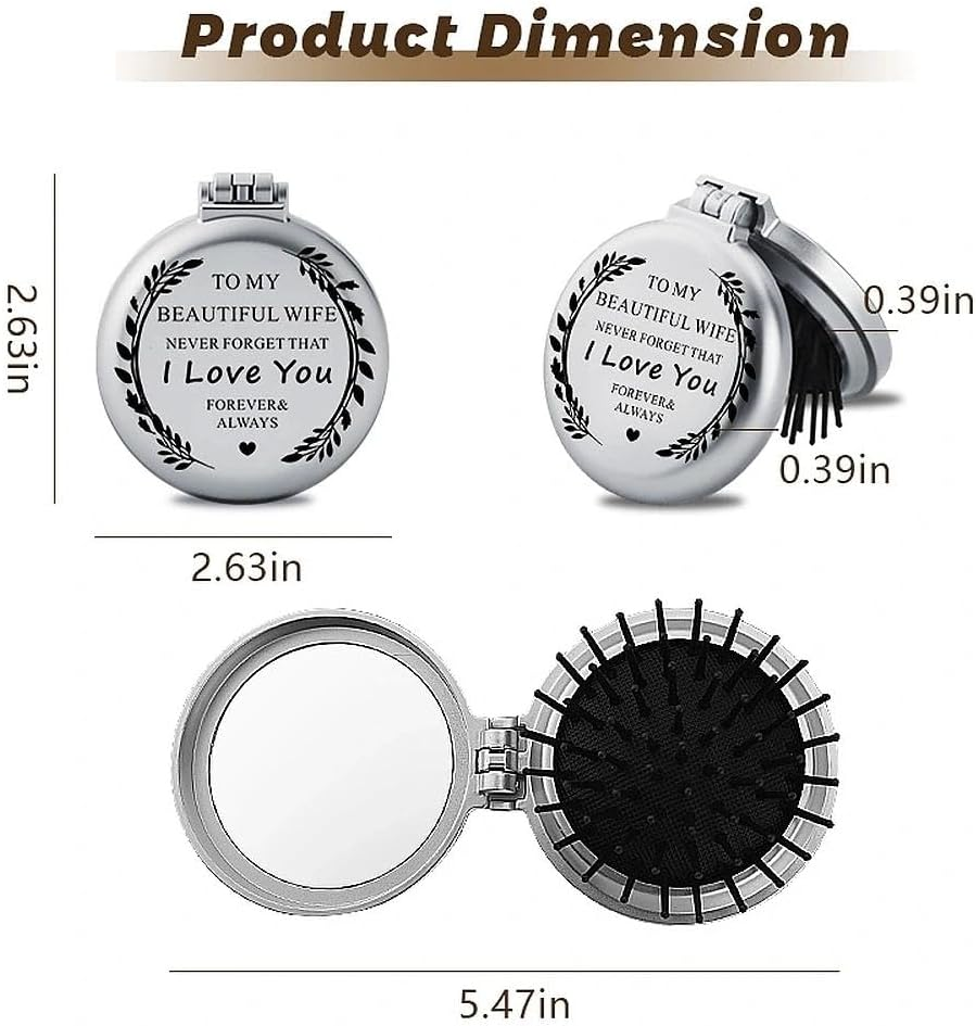 I Love You Gift Wife Folding Compact Pocket Makeup Mirror with Comb for Her Wifey Christmas Birthday Gifts for Wife Romantic Anniversary Wedding Gift from Husband image number 2
