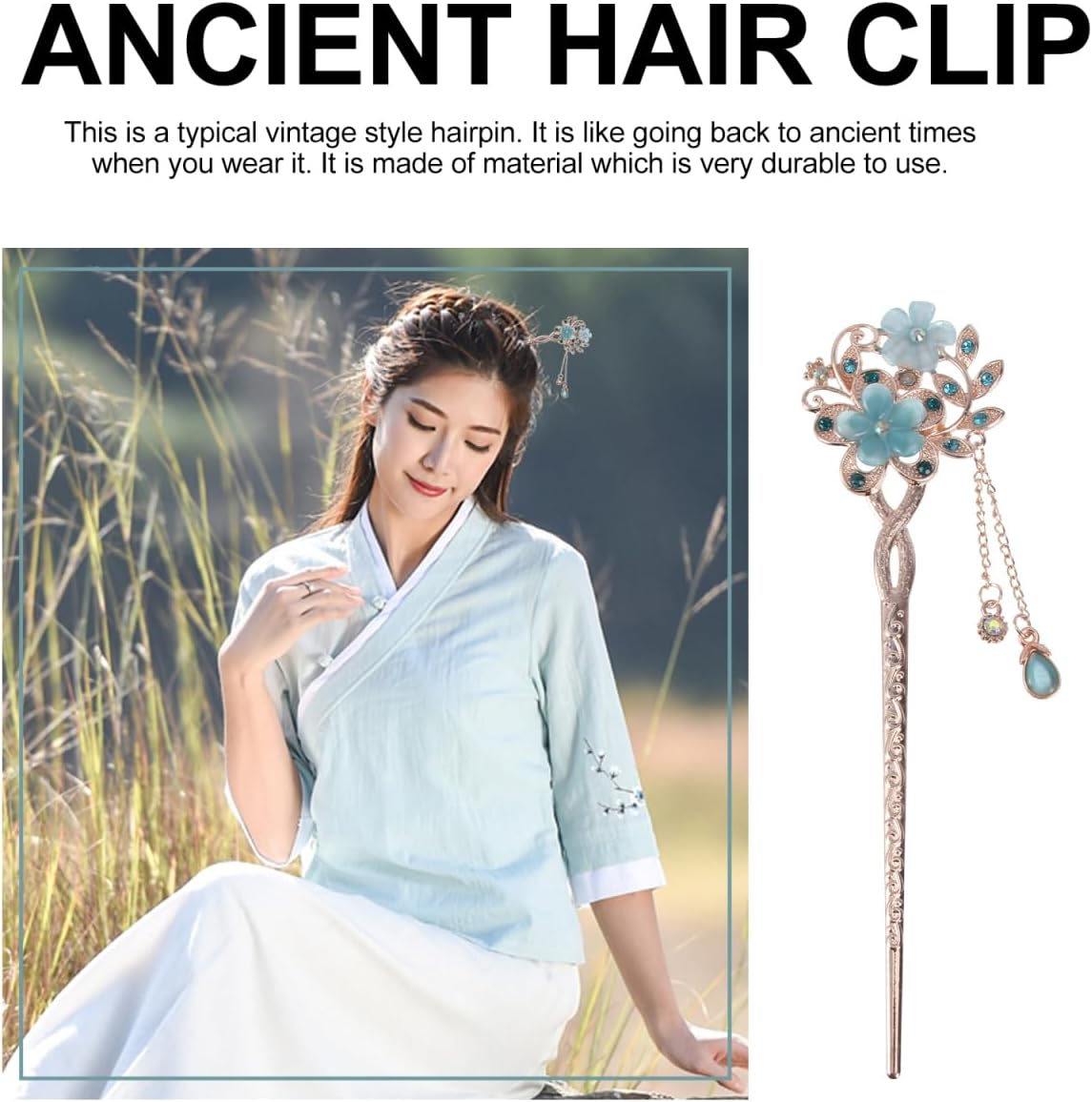 Minkissy Rhinestone Flower Hair Sticks Blue Cat'S Eye Gemstones Vintage Chinese Hanfu Hair Chopsticks with Tassel Floral Hairpins Hair Styling Accessories - Sky-Blue image number 3