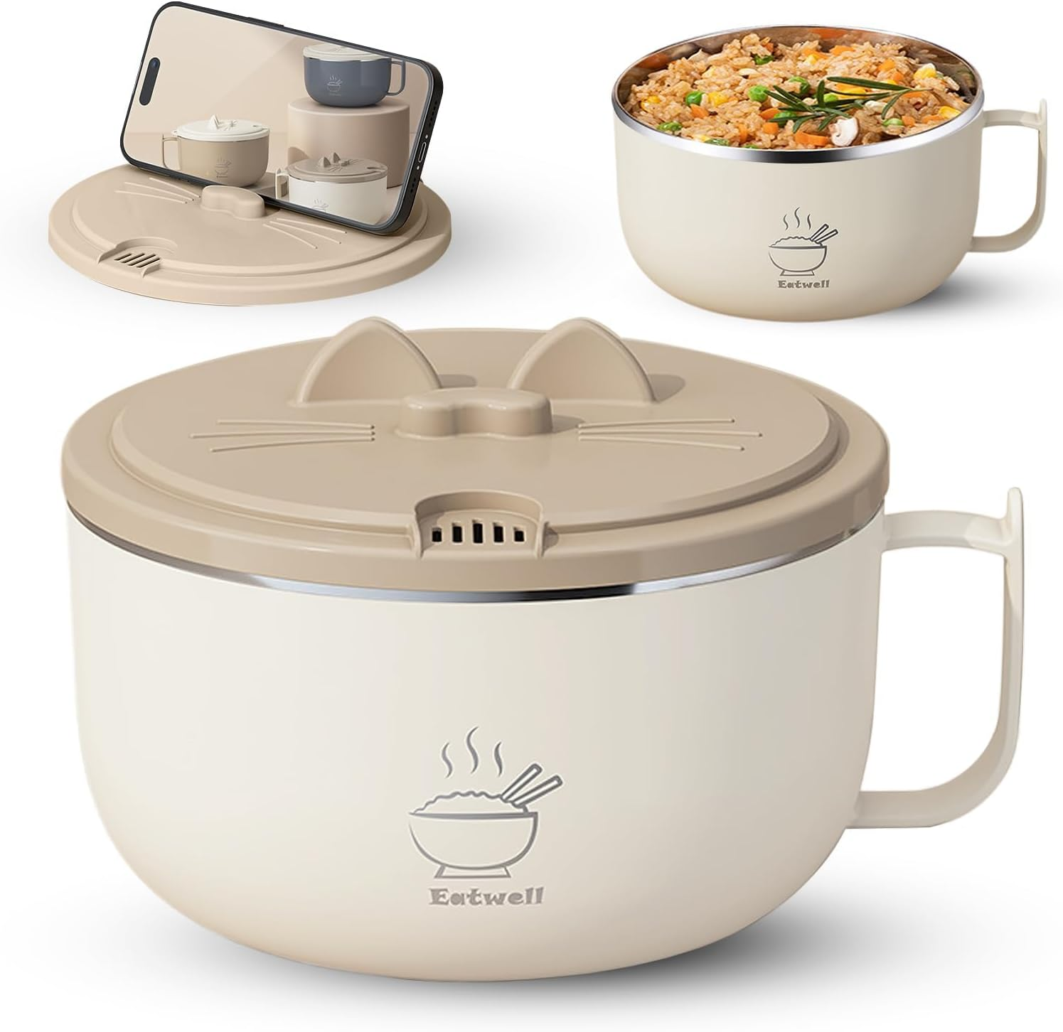 Ramen Bowl Set Noodle Bowls with Lid and Handles, Stainless-Steel Bowls with Drain Hole, Multifunctional Bowl Sets, BPA Free and Dishwasher Safe for Office College Dorm Room Instant Cooking