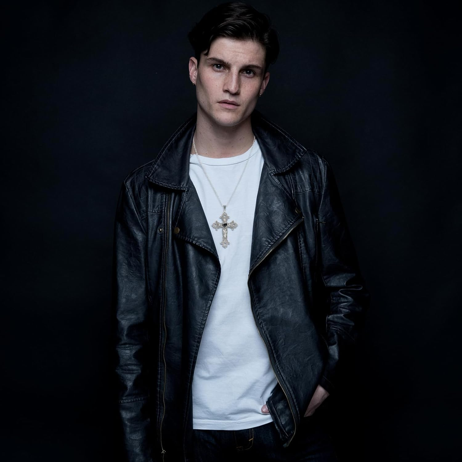 SHUS LIVE Gothic Cross Necklace Silver-Tone Pendant with Glass Stone, on 25&rdquo; Steel Chain, Cross Necklace for Women, Large Goth Silver Cross Necklaces for Man, Big Y2K Necklaces, Halloween Jewelry image number 1