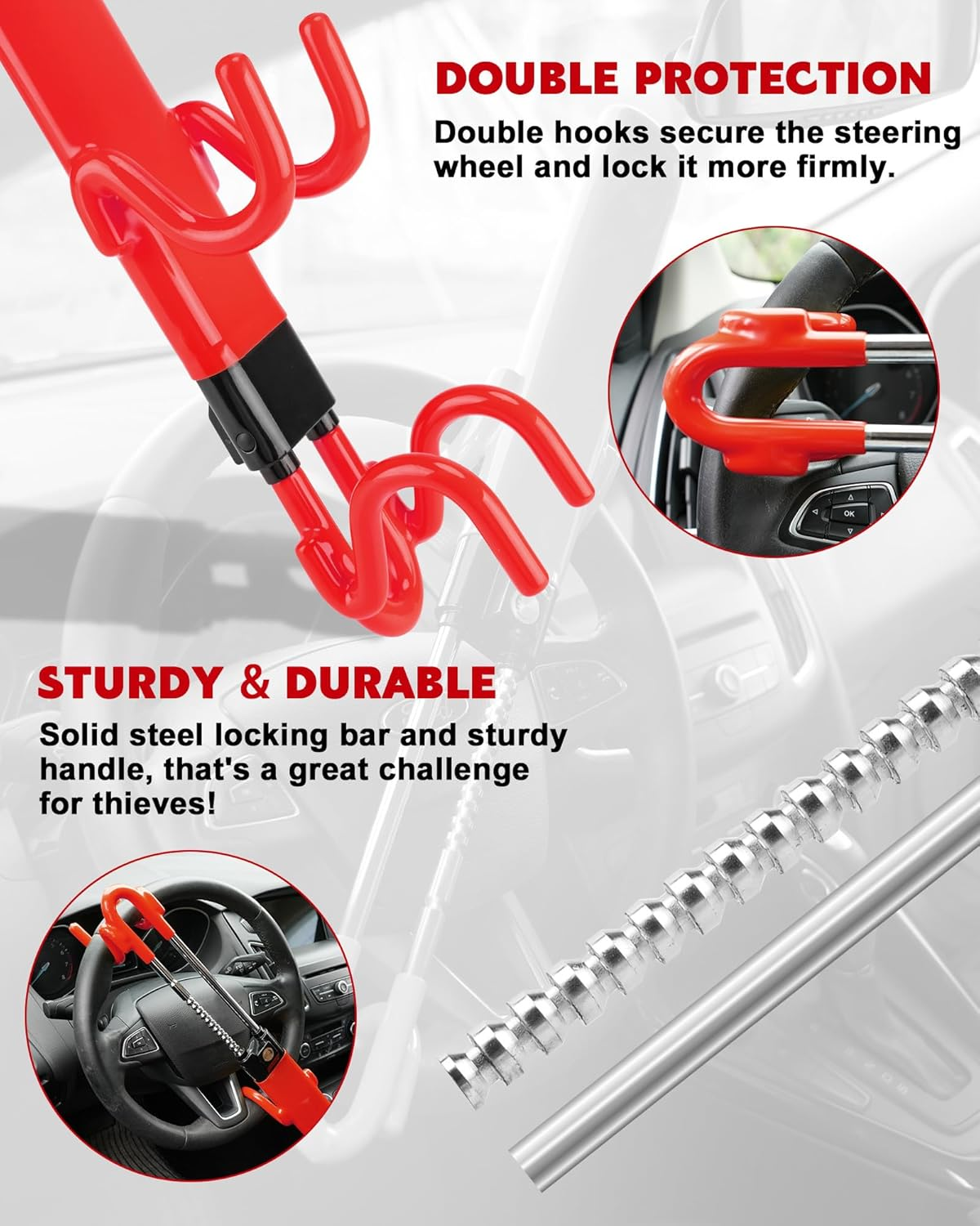 Tevlaphee Steering Wheel Lock Anti-Theft Car Device Heavy Duty Security Car Lock Antitheft Locking Devices Great Deterrent Adjustable Car Wheel Lock anti Theft for Vehicle Truck SUV with 3 Keys (Red) image number 3