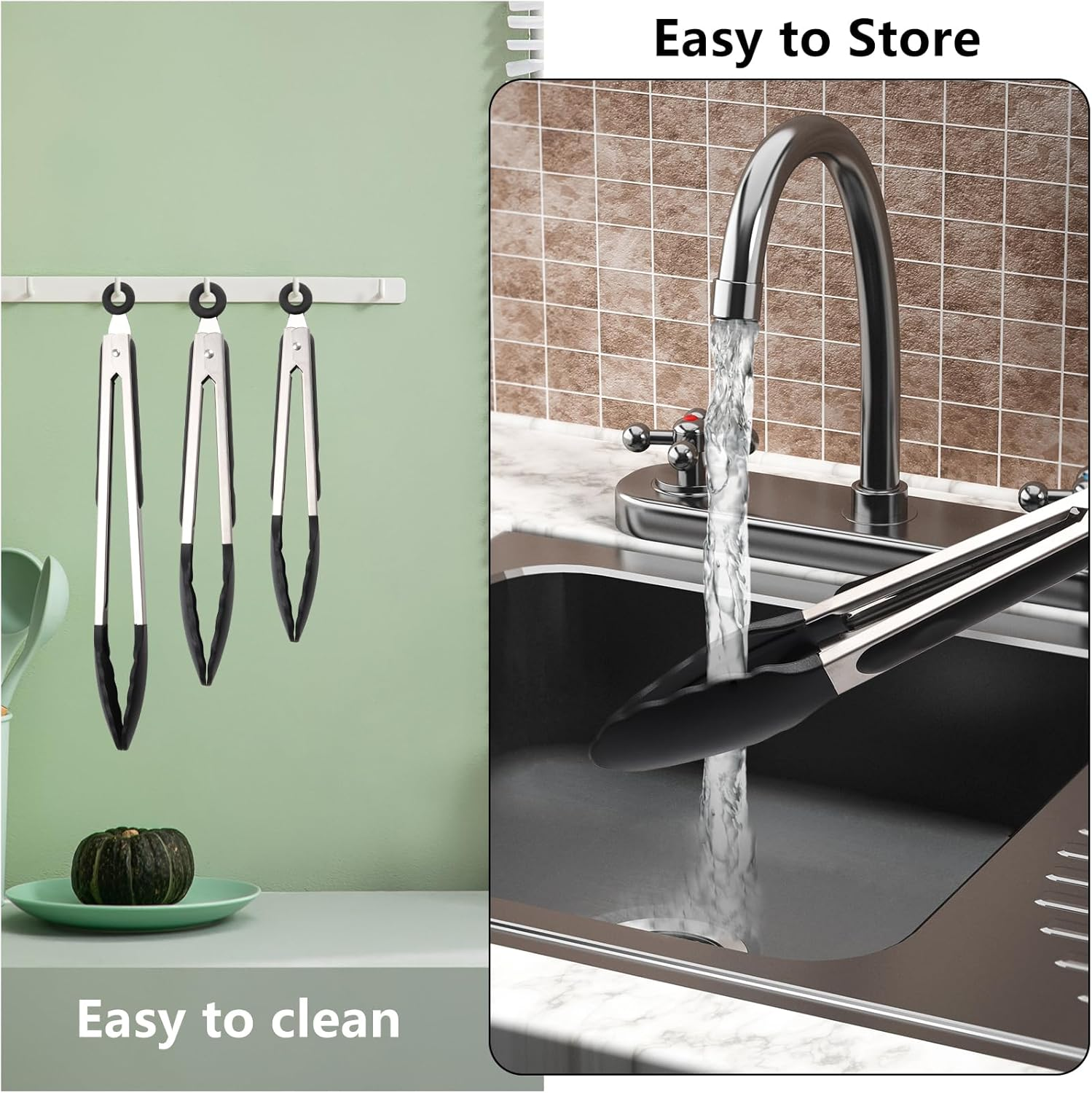 3 Pack Black Kitchen Tongs, Heat Resistant Silicone Tongs, Anti-Slip Stainless Steel BBQ Tongs, Kitchen Essentials for Cook, 7",9" and 12" image number 4