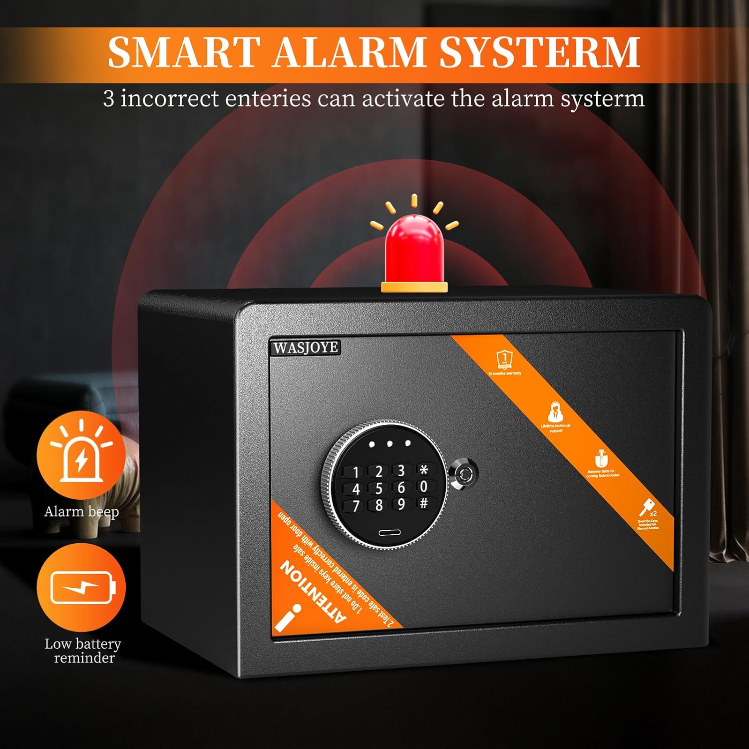 WASJOYE Cabinet Security Safe Box, Fireproof Digital Safe with Electronic Keypad & Emergency Key, Home & Office Lock Safe for Cash, Documents, Jewellery & Passport Storage, 13.78 &times; 9.84 &times; 9.84 In image number 2