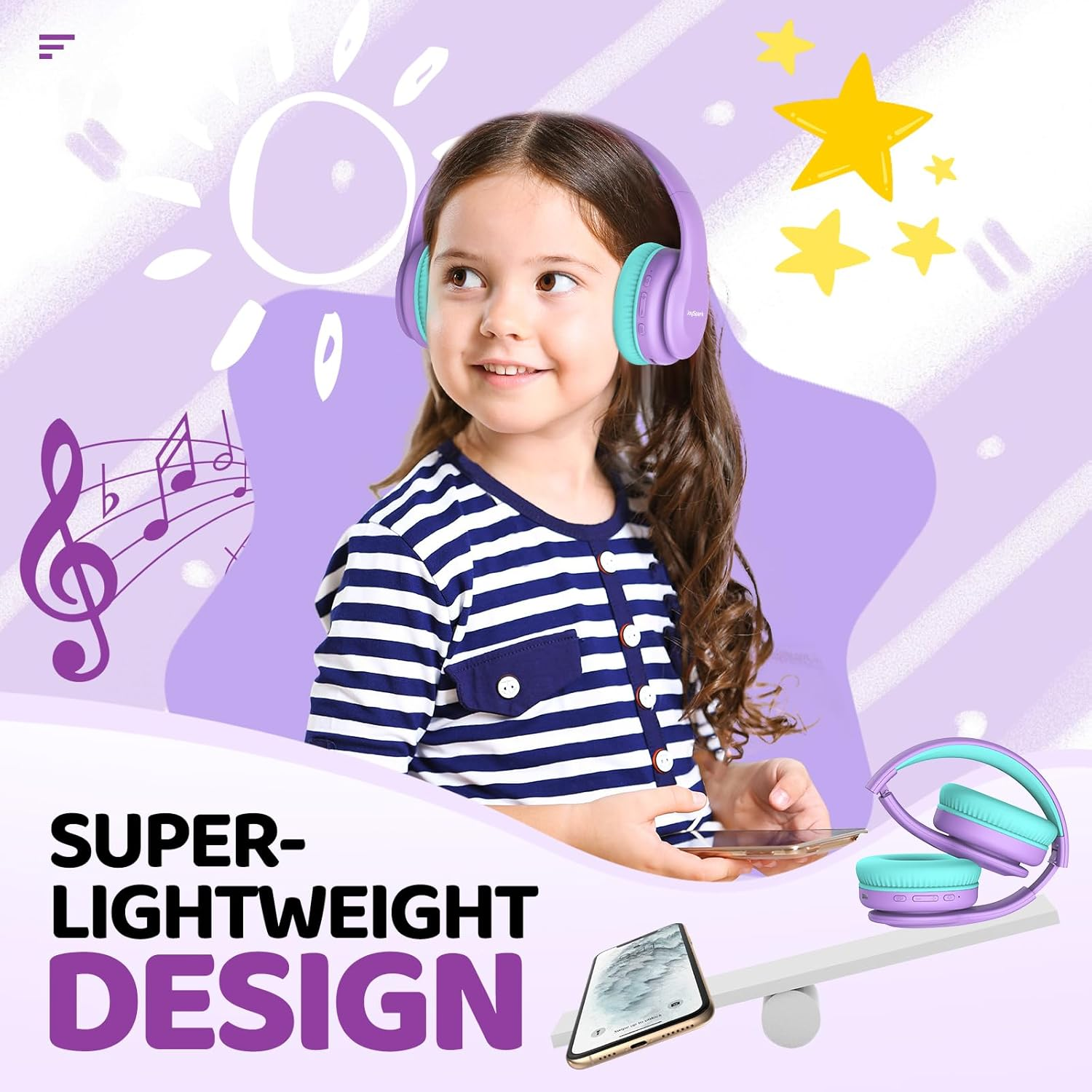 Joyspark Bluetooth Headphones for Kids, Lightweight Wireless Headphones for Kids, with 85/94Db Volume Limited, 60 Hours Playtime, Bluetooth 5.3, On-Ear Headphones with Built in Microphone
