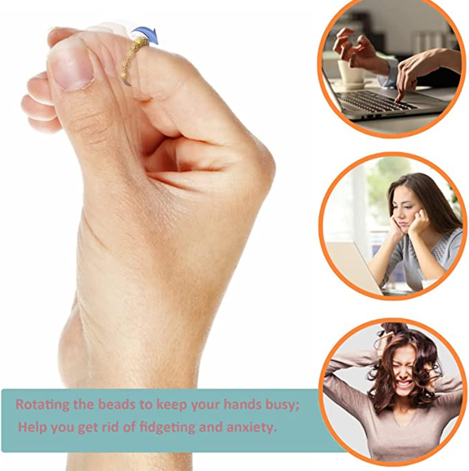 Anxiety Worry Fidget 7 Beads Ball Ring Meditation Ring Adjustable Opening Unisex Adjustable Spinning Worry Silver Spin It Ring - Gold image number 4