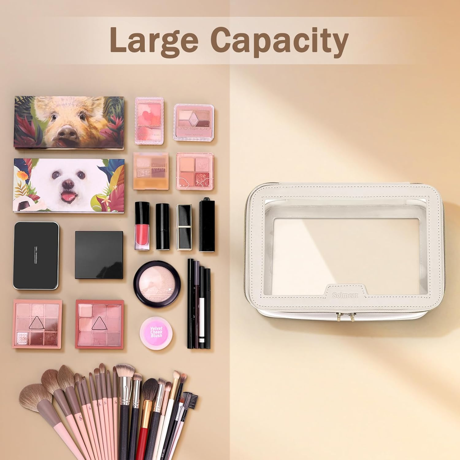 Soimeat Clear Makeup Bag, Leather Travel Makeup Case Toiletry Bag, Portable Cosmetic Bag Case, Transparent Waterproof Cosmetic Organizer Storage Bag for Women, Off-White, Large, Single Bag - Black image number 3