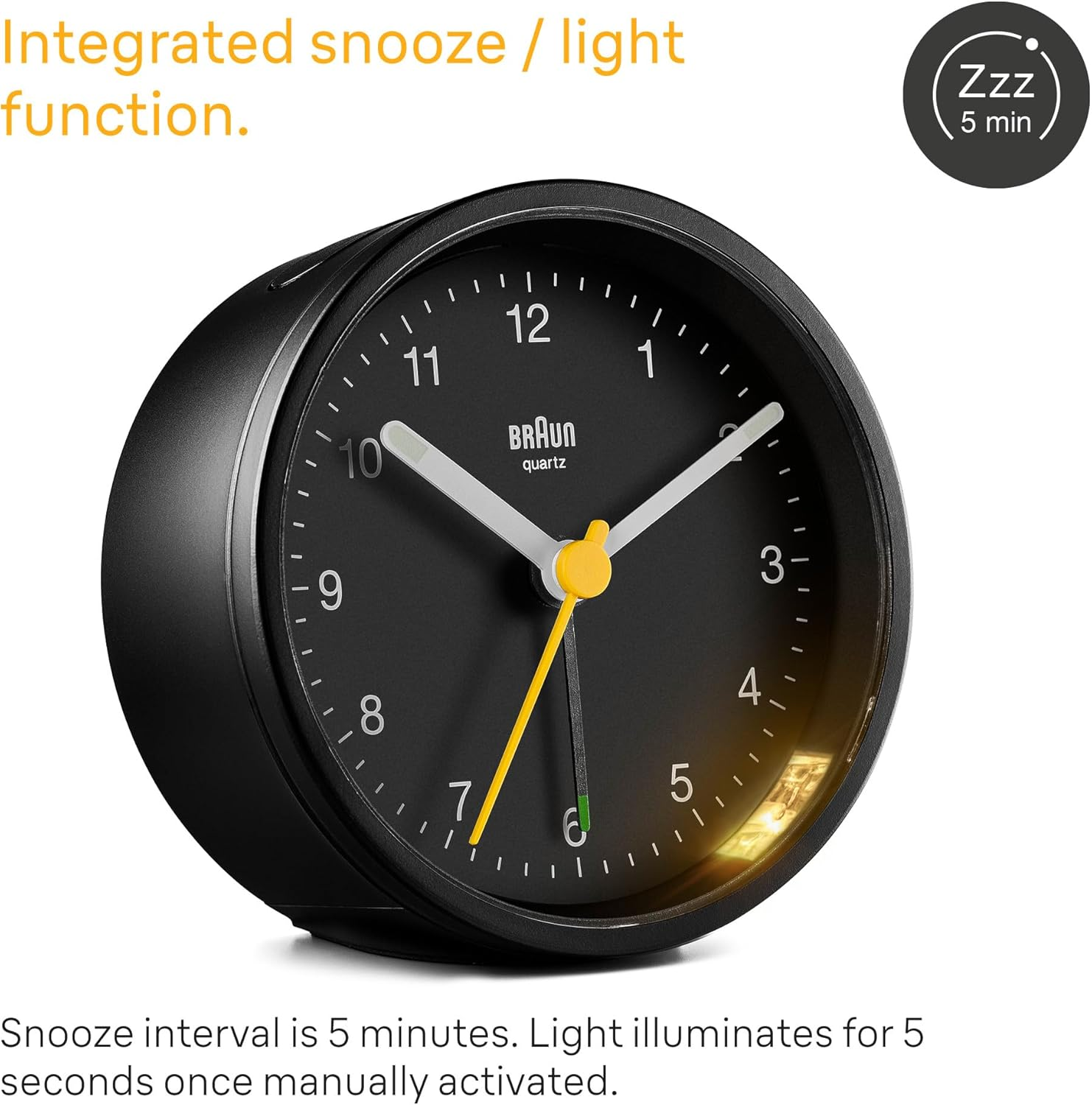 Braun Classic Analogue Clock with Snooze and Light, Quiet Quartz Movement, Crescendo Beep Alarm in Black, Model BC12B, One Size image number 3