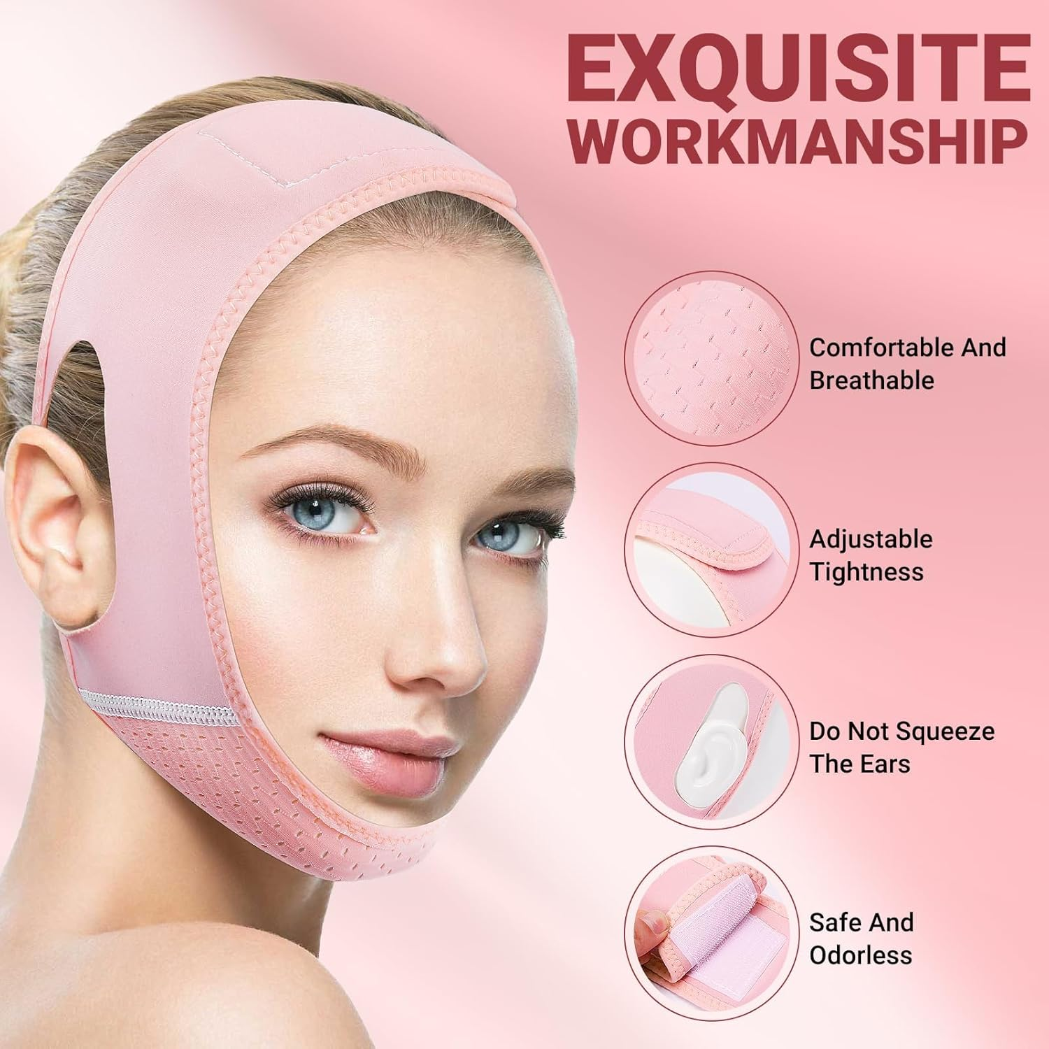 Juskaa Reusable V Line Lifting Mask with Chin Strap for Sleeping,Face Lift Prevent Sagging, Jaw Exerciser,Light Pink,M image number 4