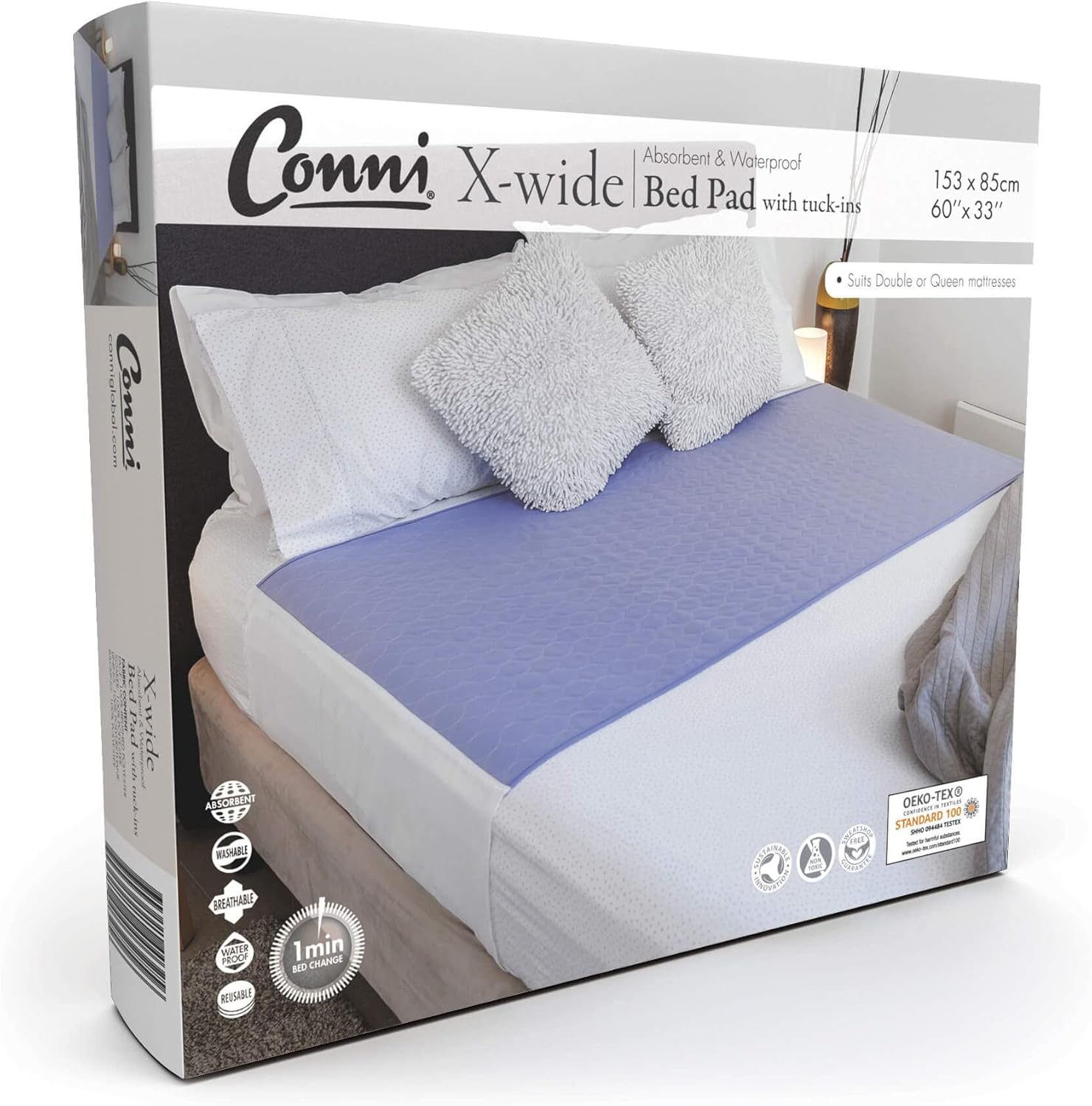 Conni X-Wide Reusable Bed Pad with Tuck-Ins, Absorbent, Waterproof and Washable Protector Pad for Incontinence, Bed Wetting and Perspiration, White, 153 X 85 Cm