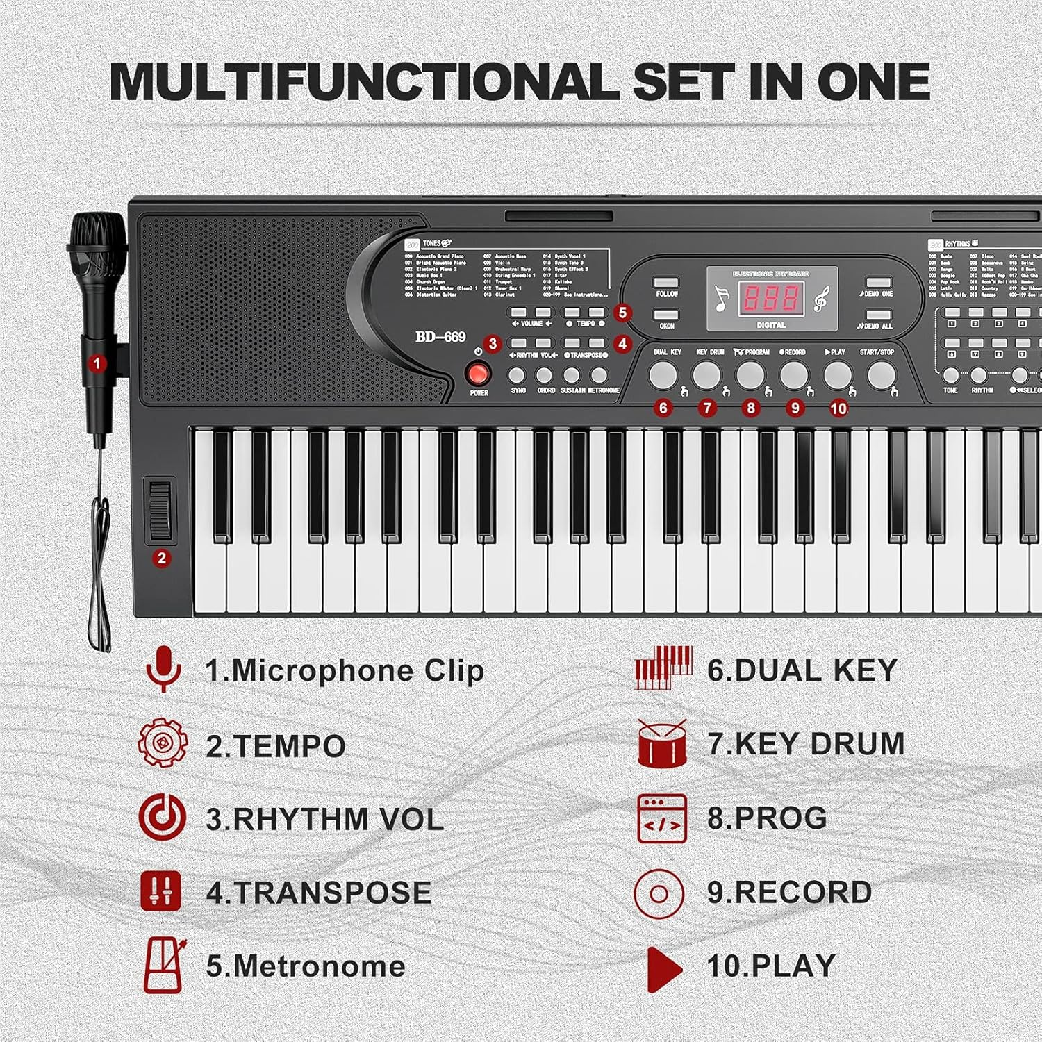 UMOMO 61 Keys Electronic Piano Keyboard with H Piano Stand, Portable Digital Keyboard with Microphone, Music Stand, Adaptor Power for Beginner, Black image number 4