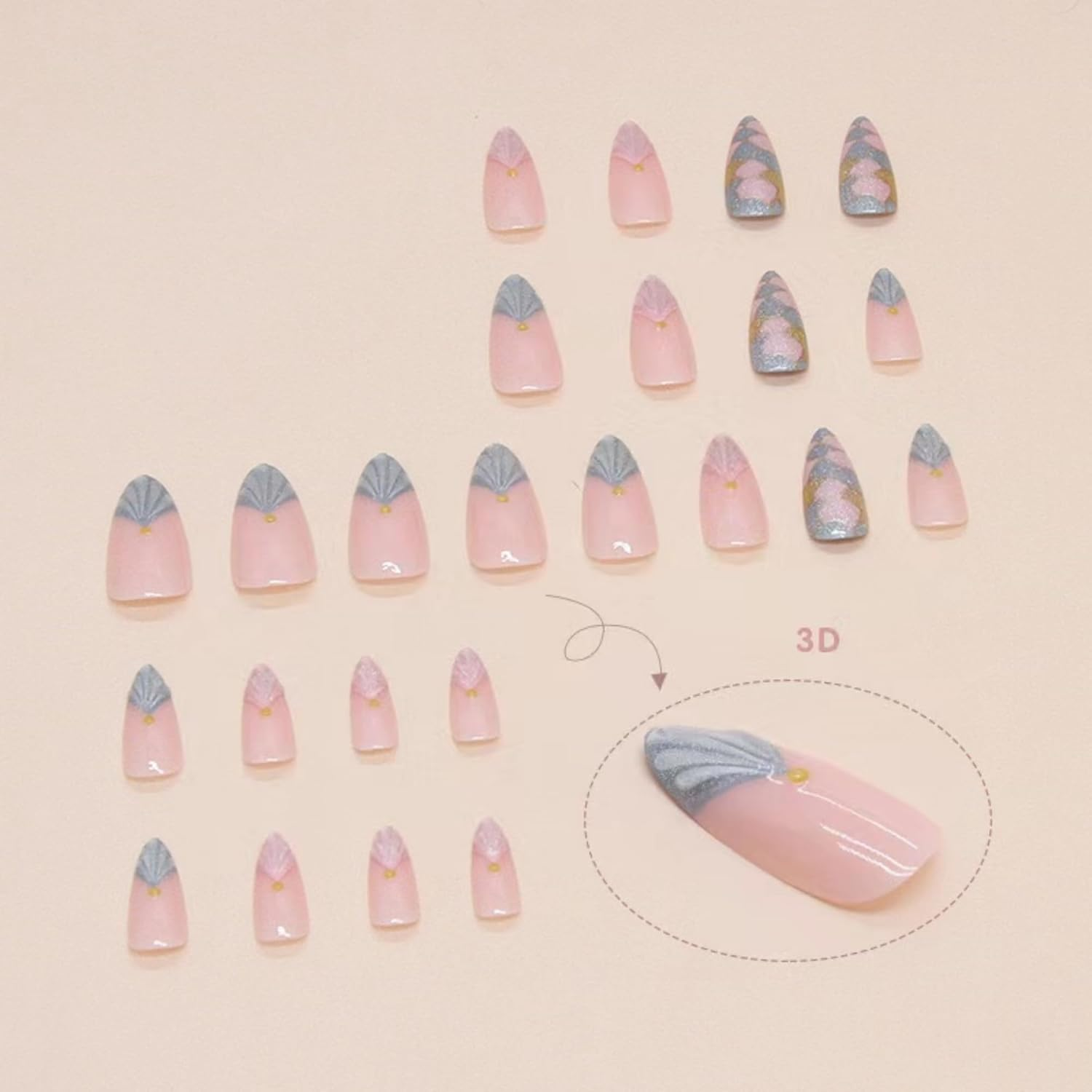 KAVI' S 24Pcs French Tip Stick on Nails Three-Dimensional Pattern Press on Nails Rococo Fake Nails Short Almond Acrylic False Nails Jerry Glue for Women Girls Nail Art