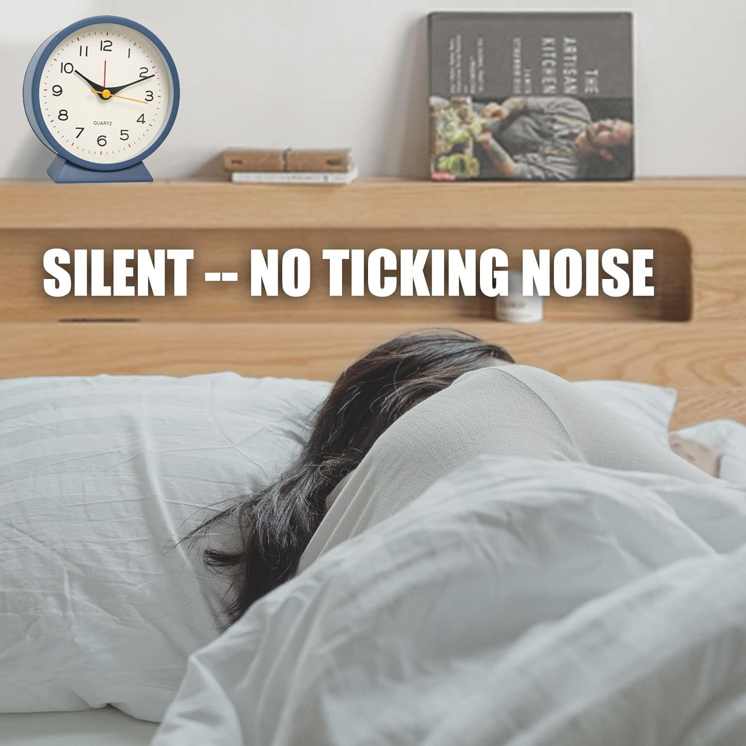 SHISEDECO 4.5" Battery Operated Antique Retro Analog Alarm Clock, Small Silent Bedside Desk Metal Clock with Light Function, Non-Ticking Clock Decor for Living Room,Bedroom,Bedside,Shelf (Navy Blue) - Orange image number 2