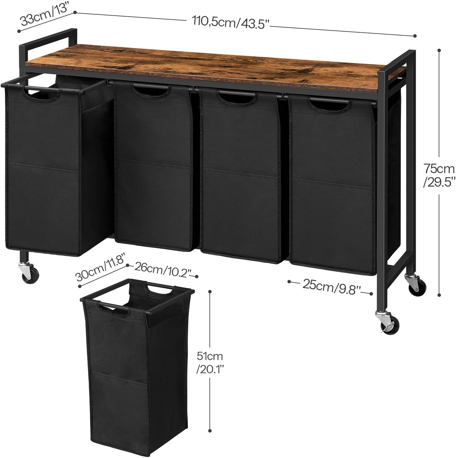 HOOBRO Laundry Sorter 4 Sections, Laundry Hamper with Wheels, 4 &times; 10.5 Gal (40 L), Rolling Laundry Basket, Pull-Out and Removable Oxford Fabric Bags, Rustic Brown and Black BF04XY01 image number 4