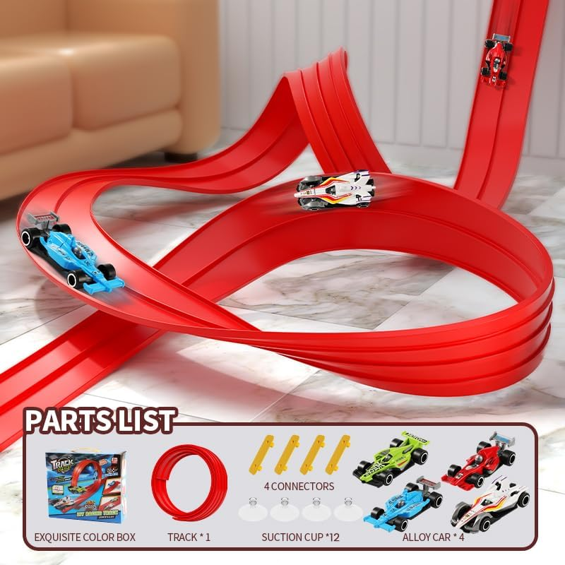 3.9 M Flexible Race Car Track, Rolls up Portable Racetrack with Suction Cups, DIY Highway with 4 Cars,Compatible with Diecast 1/64Th Cars,Kid Toy for Ages 3 & Up(Red)