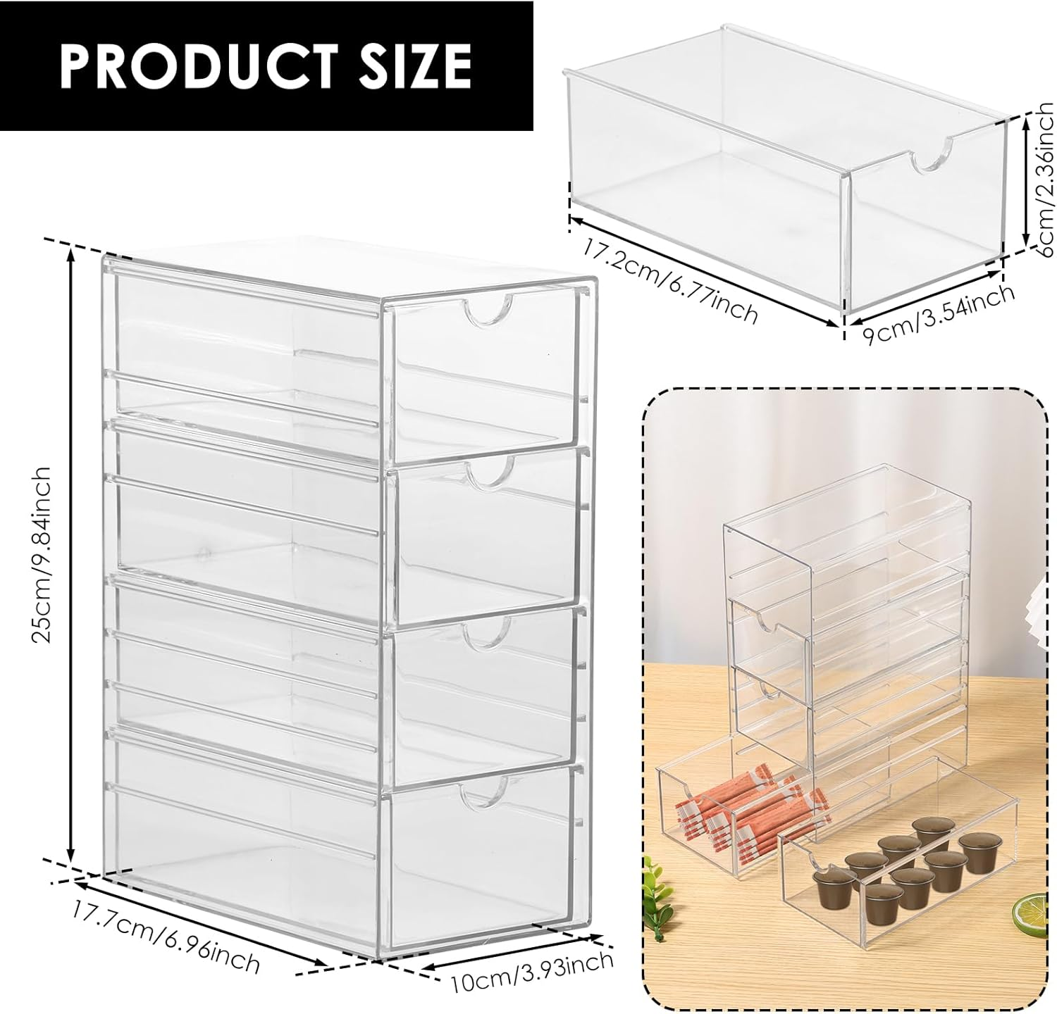 Clear Tea Bag Organizer Drawer, Tea Bag Organiser & Storage Box Stackable Storage Holder 4 Drawers Large Capacity Storage Drawer for Countertop Cabinet