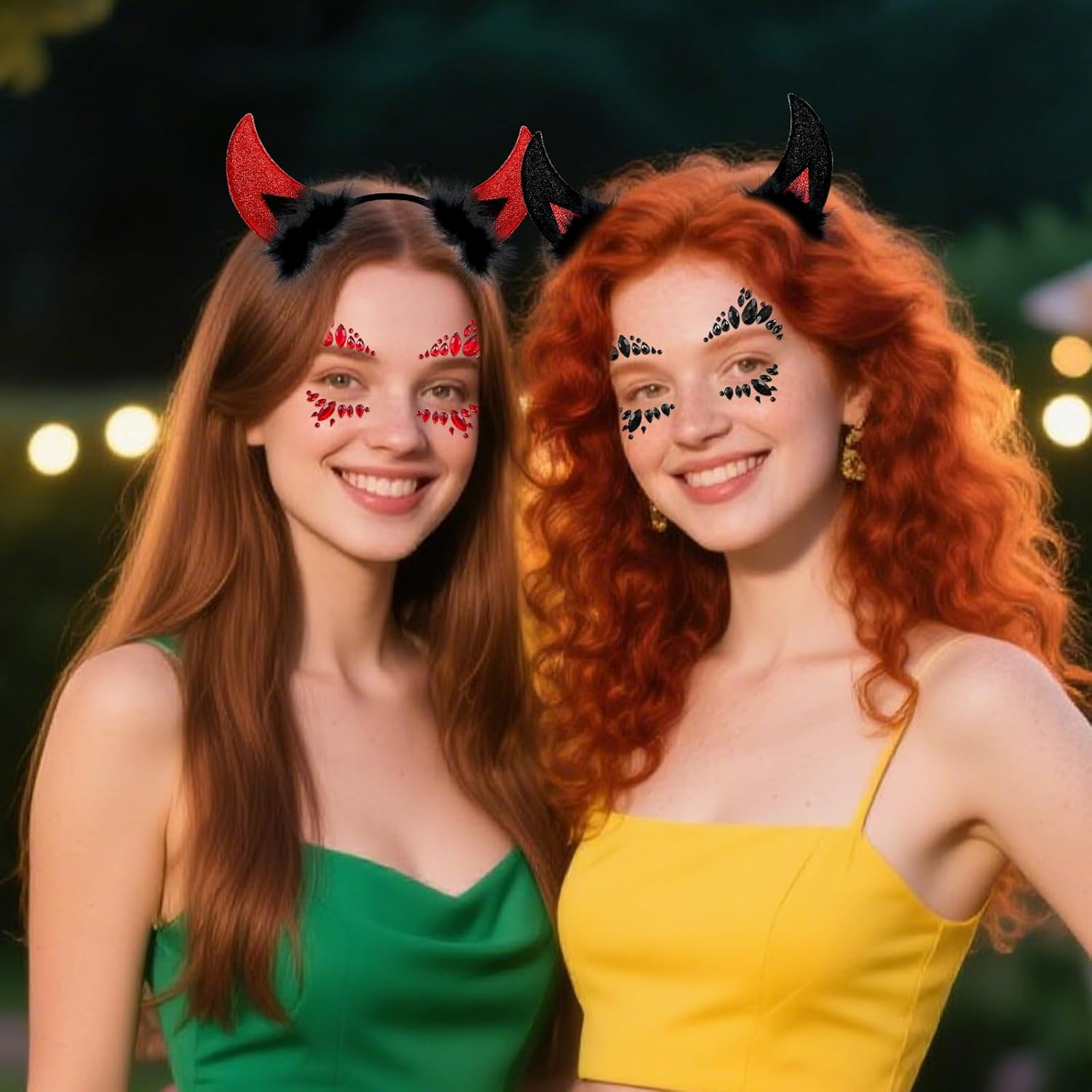 NHTJTHE Devil Horns Headband with Glitter Stones Face, 1 Piece Red Devil Horn Hair Band + 1 Piece Red Shiny Face, Face Tattoo Halloween Cosplay Festivals Birthday Parties image number 1