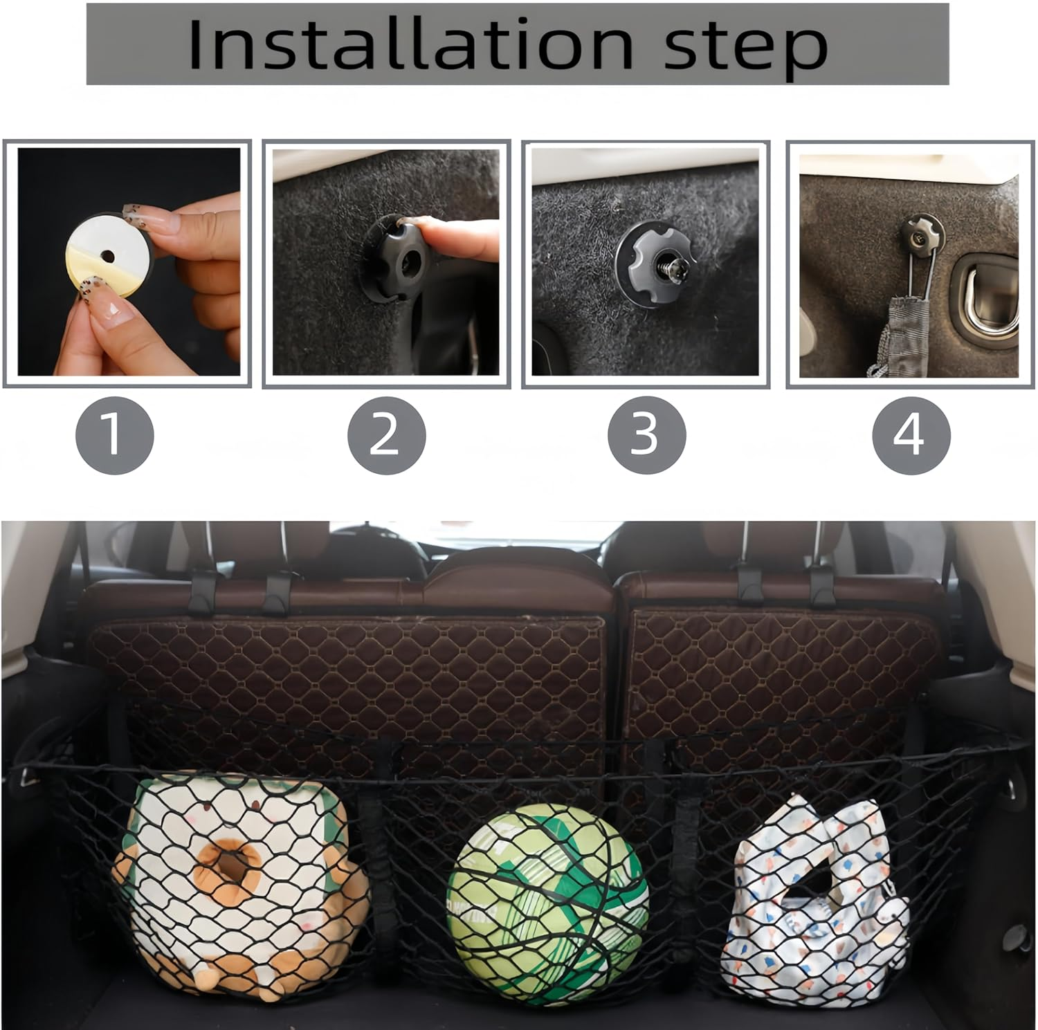 Ai-Oumleef Automotive Cargo Net,Detachable Cargo Net Trunk Bed Organizer, Cargo Net Trunk Bed Organizer with 4 Carabiners Accessories,Mesh Storage Net Heavy Duty Cargo Net with 3 Pocket(90*30*30Cm) image number 3