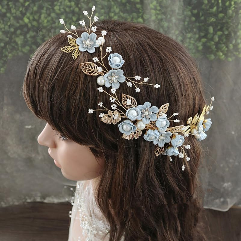 Hemobllo Side Hair Clips with Flowers for the Bride: Alloy Headpiece with Rhinestones and Flowers for Wedding Brides Hair Comb Wedding Prom Birthday Party image number 5