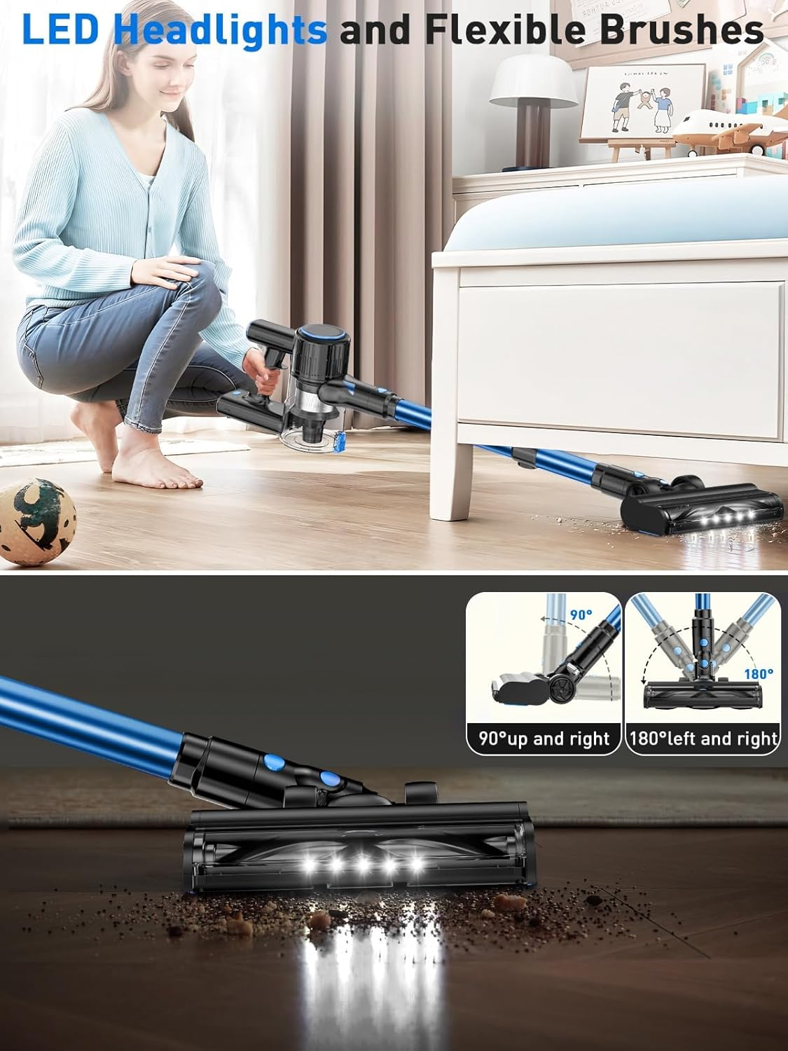 Cordless Vacuum Cleaner, 8-In-1 Stick Vacuum with LED Display & 3 Modes Suction, Detachable Battery, Lightweight Vacuum Cleaner for Home Hardwood Floors Carpets and Pet Hair (Blue)