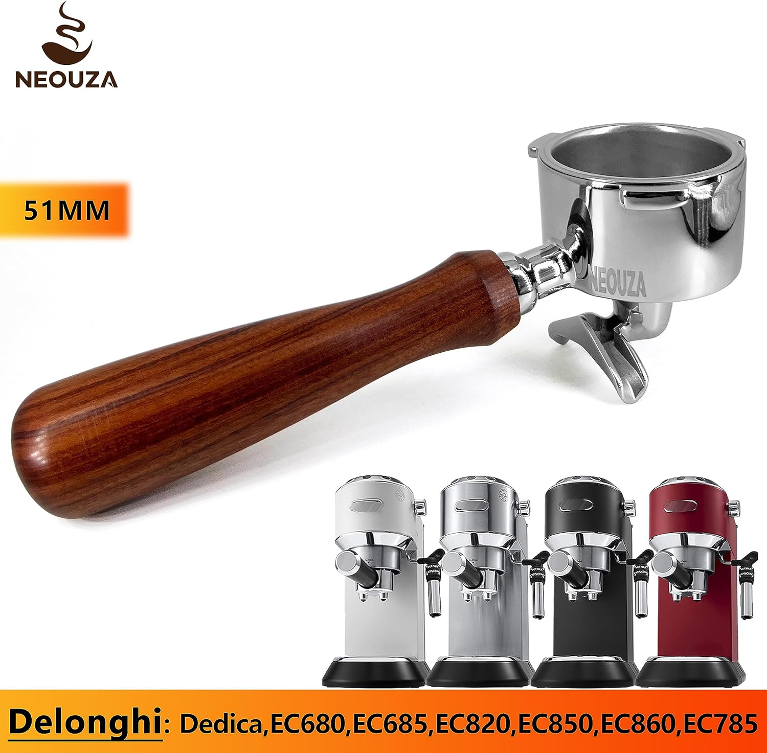 NEOUZA 51Mm 3-Ears Espresso Portafilter Compatible with Delonghi Dedica EC680 EC685 and Smeg ECF01 Coffee Machines &ndash; Double Spout Non-Pressurized Basket, 304 Stainless Steel, Rosewood Handle image number 4