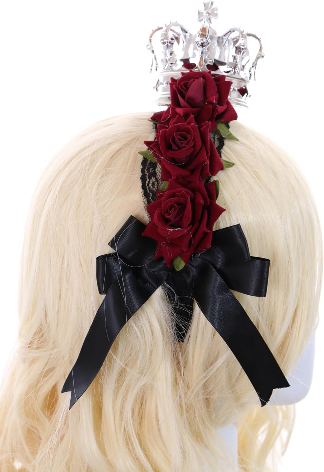 C-104-1 Silver Crown with Roses Red Lace Bow Ruffle Gothic Lolita Headband Party Celebration Hair Accessories Head Accessory