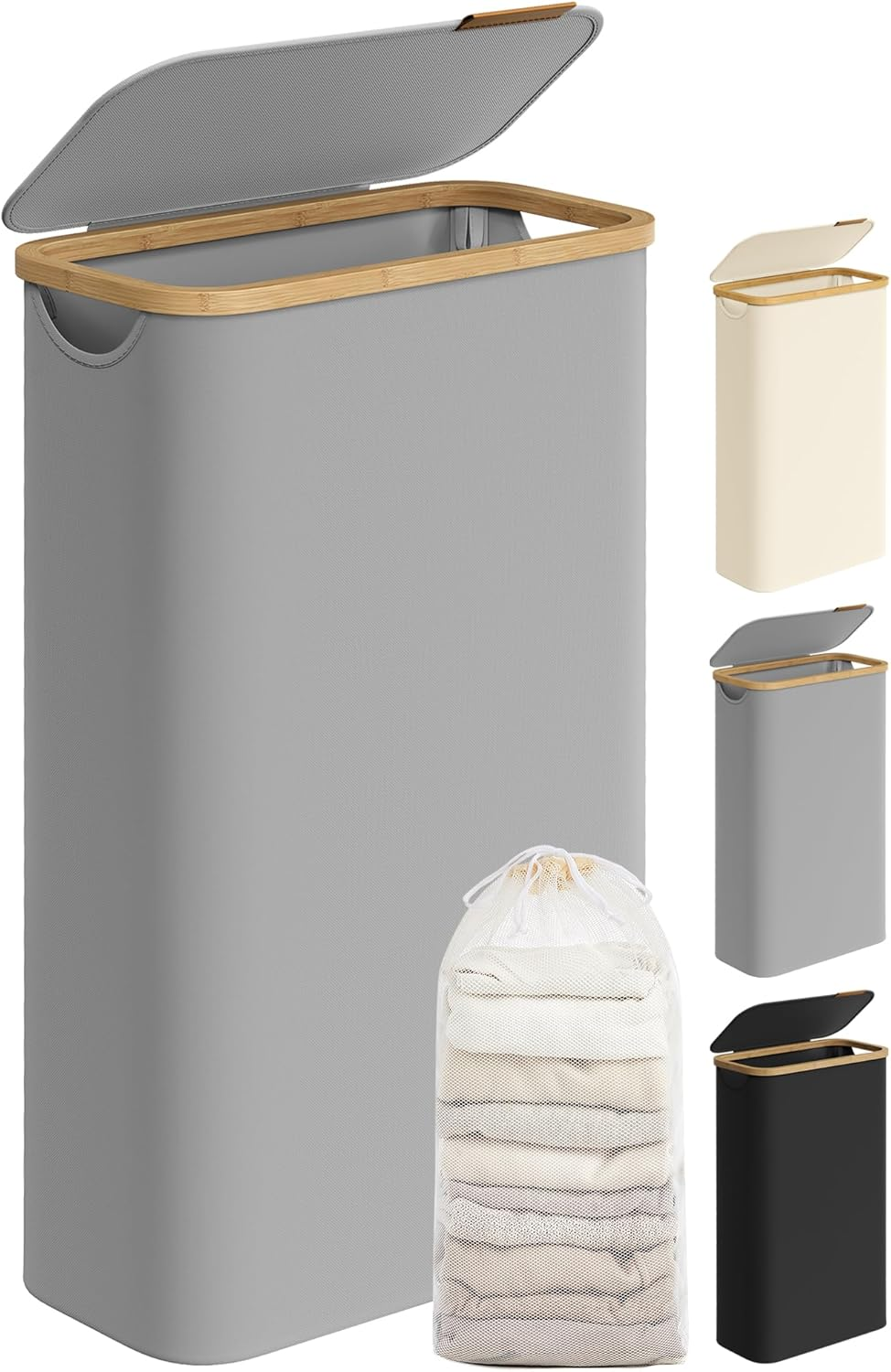 SONGMICS Laundry Hamper with Lid, Slim Laundry Basket, 17.2 Gallons (65L), Space-Saving, Removable Mesh Liner, Bamboo Handles, Collapsible, 16.5 X 8.9 X 27.8 Inches, Dove Gray ULCB506G01