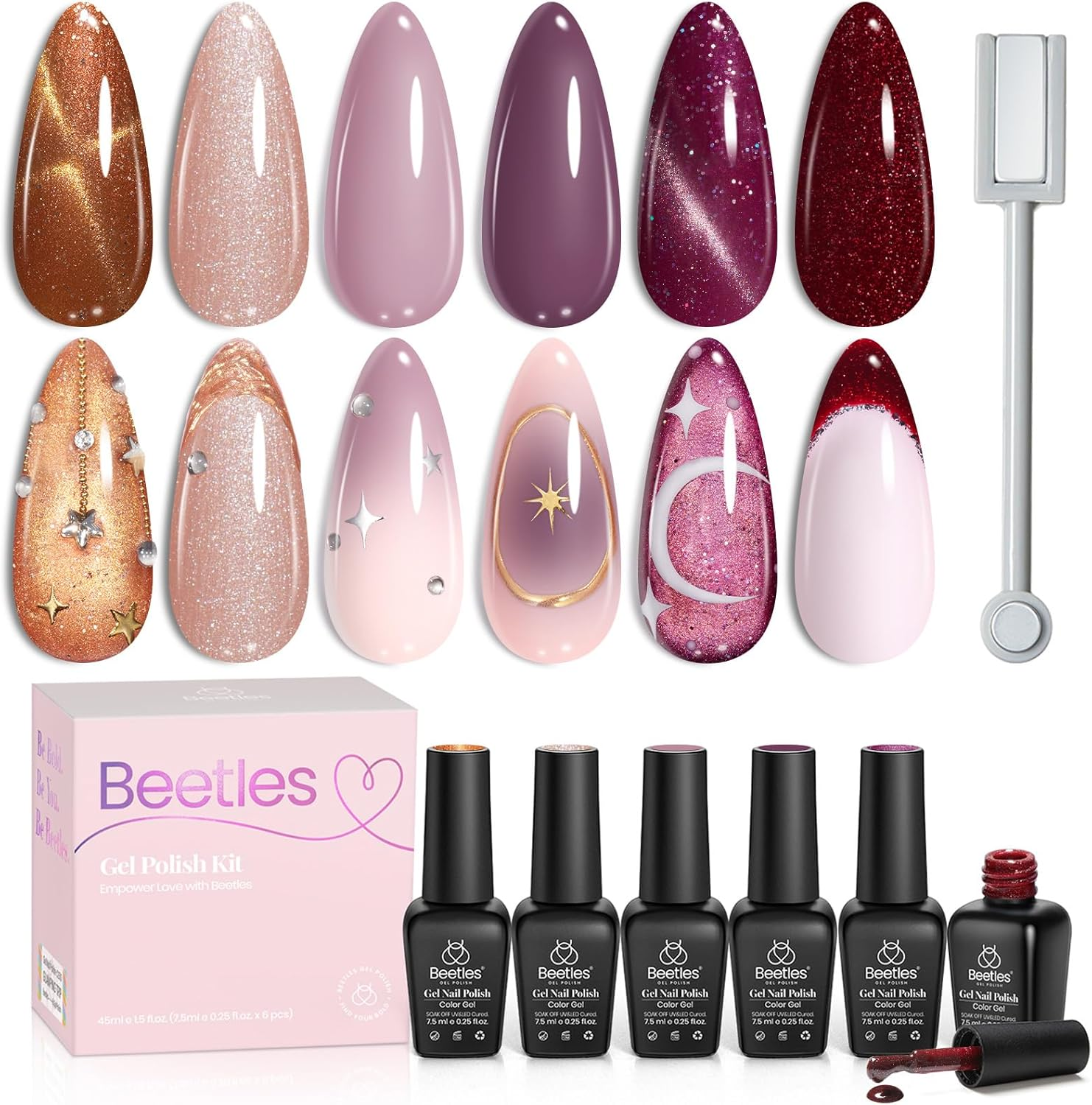 Beetles Gel Polish Cat Eye Gel Nail Polish Set, 6 Colors Spring Glitter Nude Shiny Champagne Burgundy Gold Magnetic Effect Sparkle Stunning Nail U V Gel Polish Art Design at Home image number 1