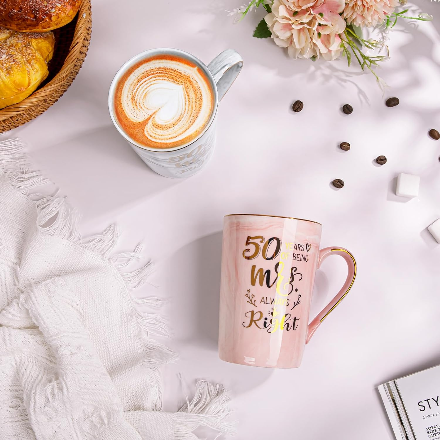 ALBISS 50Th Wedding Anniversary Coffee Mugs Set - 14Oz Golden 50Th Anniversary Cup Gifts for Couples, Parents, Grandparents, Grandpa, Grandma - 50Th Anniversary Decorations Mug in Pink and Grey, Boxed image number 2