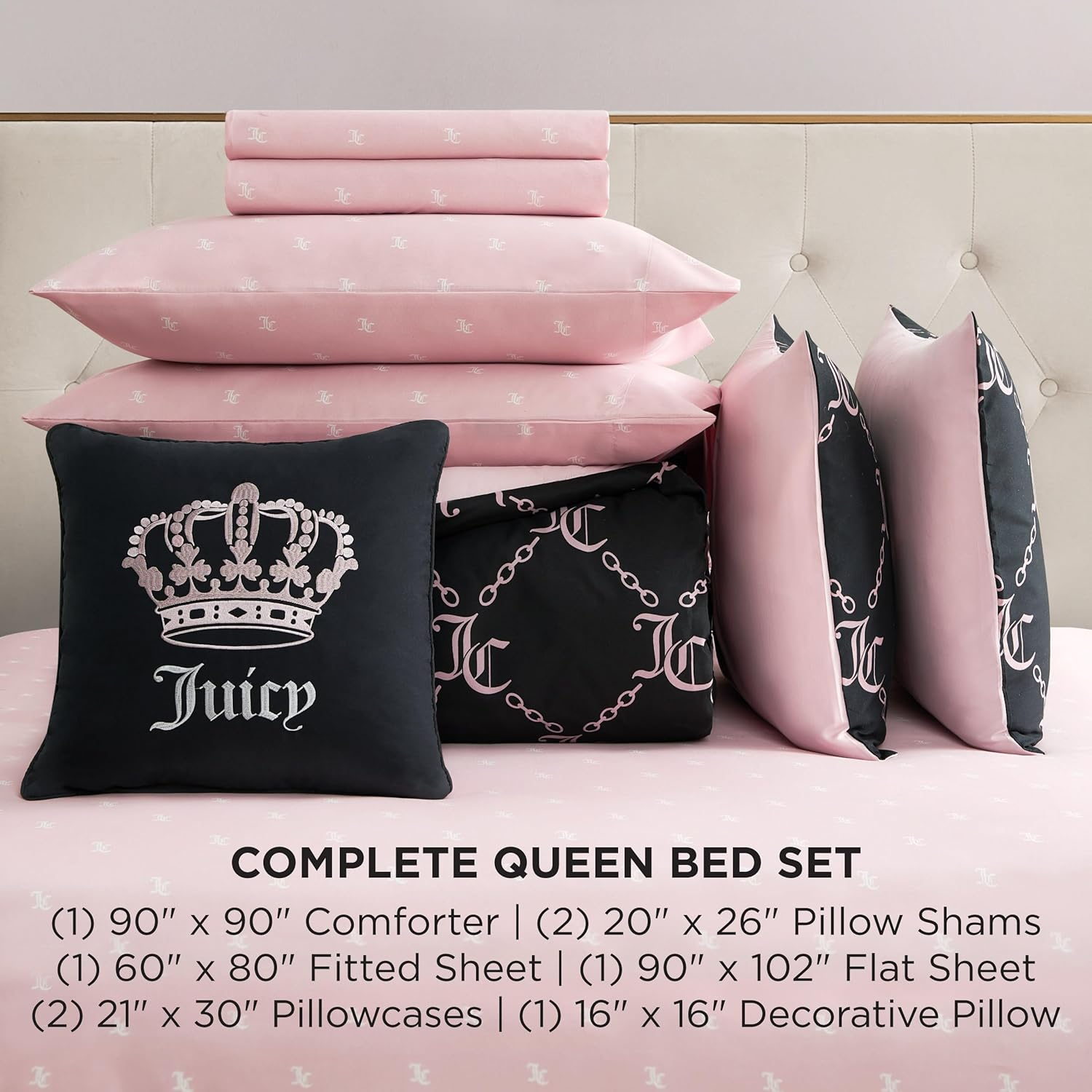 Juicy Couture Black Link Logo Printed Comforter Set, Queen &ndash; Complete 8-Piece Bed in a Bag Collection image number 4