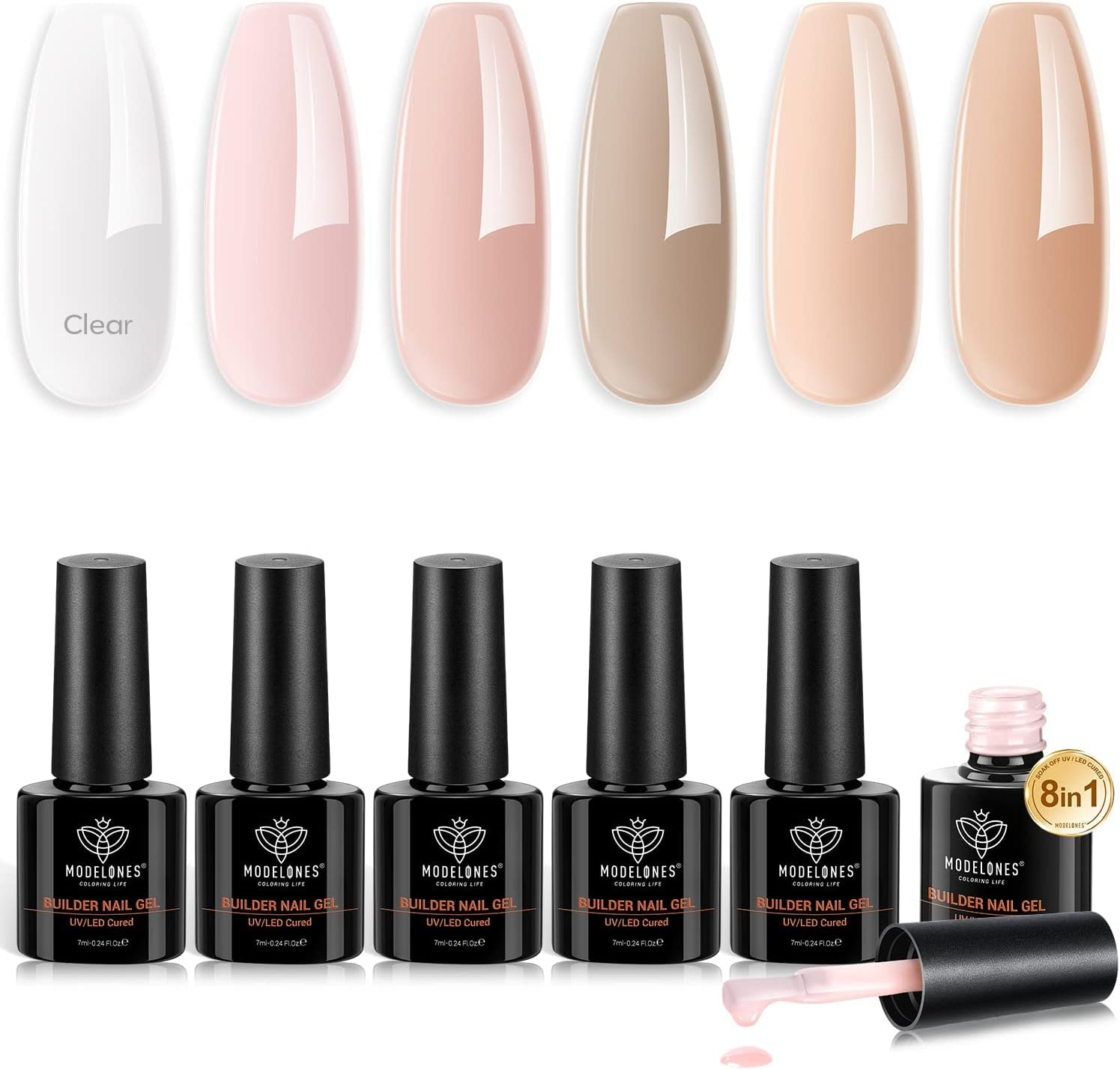 Modelones Builder Nail Gel 6 Colors, 8-In-1 Gel Builder Set for Nails, Hard Gel Builder Nail Strengthener Extension Color Gel Base Gel Rhinestone False Nail Tips Glue Gel in a Bottle for Women Gifts