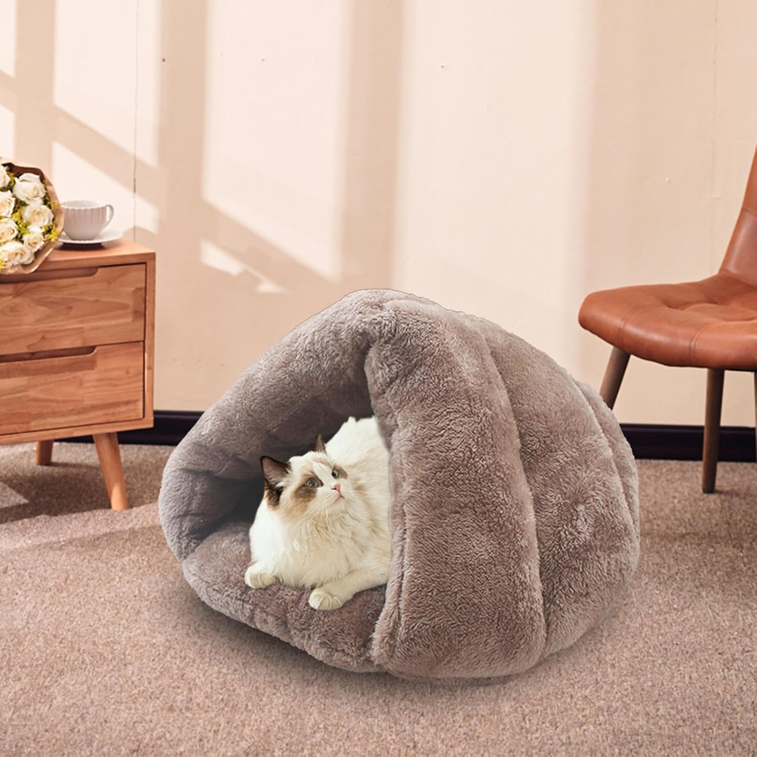 Triangular Cat Tent - Premium Cat Cave Beds, Semi-Open Non-Slip Plush Cat Cave Bed, Comfortable Small Puppy Home, Creative Winter Pet Supplies for Pets, Travel or Home, Kittens, Cats, Dogs image number 4