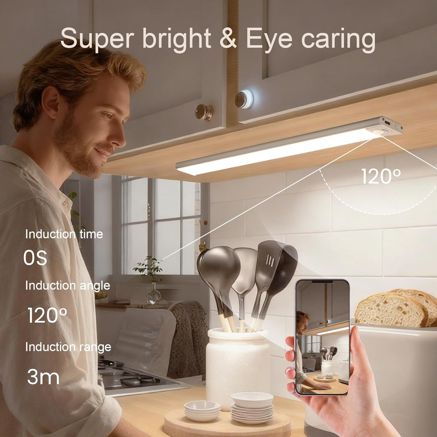 4 Pack Motion Sensor under Cabinet Lights,Upgraded Rechargeable 1100Mah Battery, Dimmable 3 Color Temps LED Light Bars with Magnetic Stick-On for Closet, Kitchen, Pantry, Stairs, Hallway image number 6