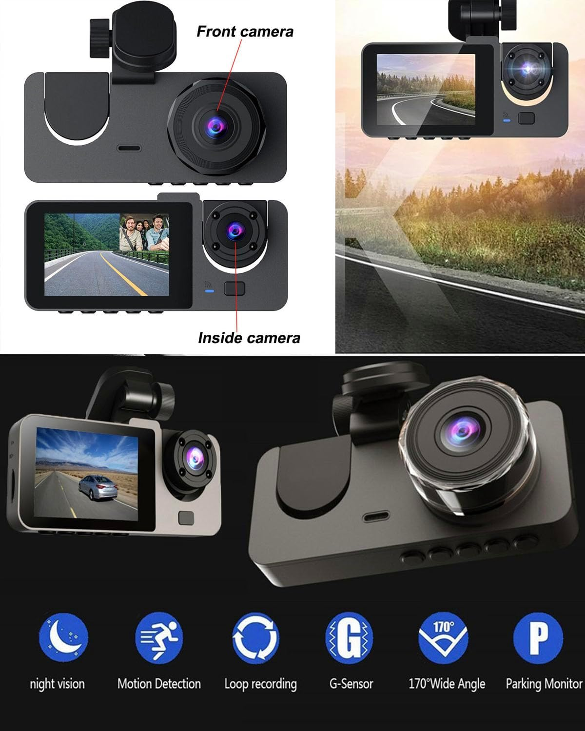 3 Channel Dash Cam Front and Rear inside for Cars, Full UHD Car Camera with 32GB Card, IR Night Vision, 3.18&rdquo; IPS Screen, 176&deg; Wide Angle, 24H Parking Monitor, G-Sensor, Loop Recording image number 3