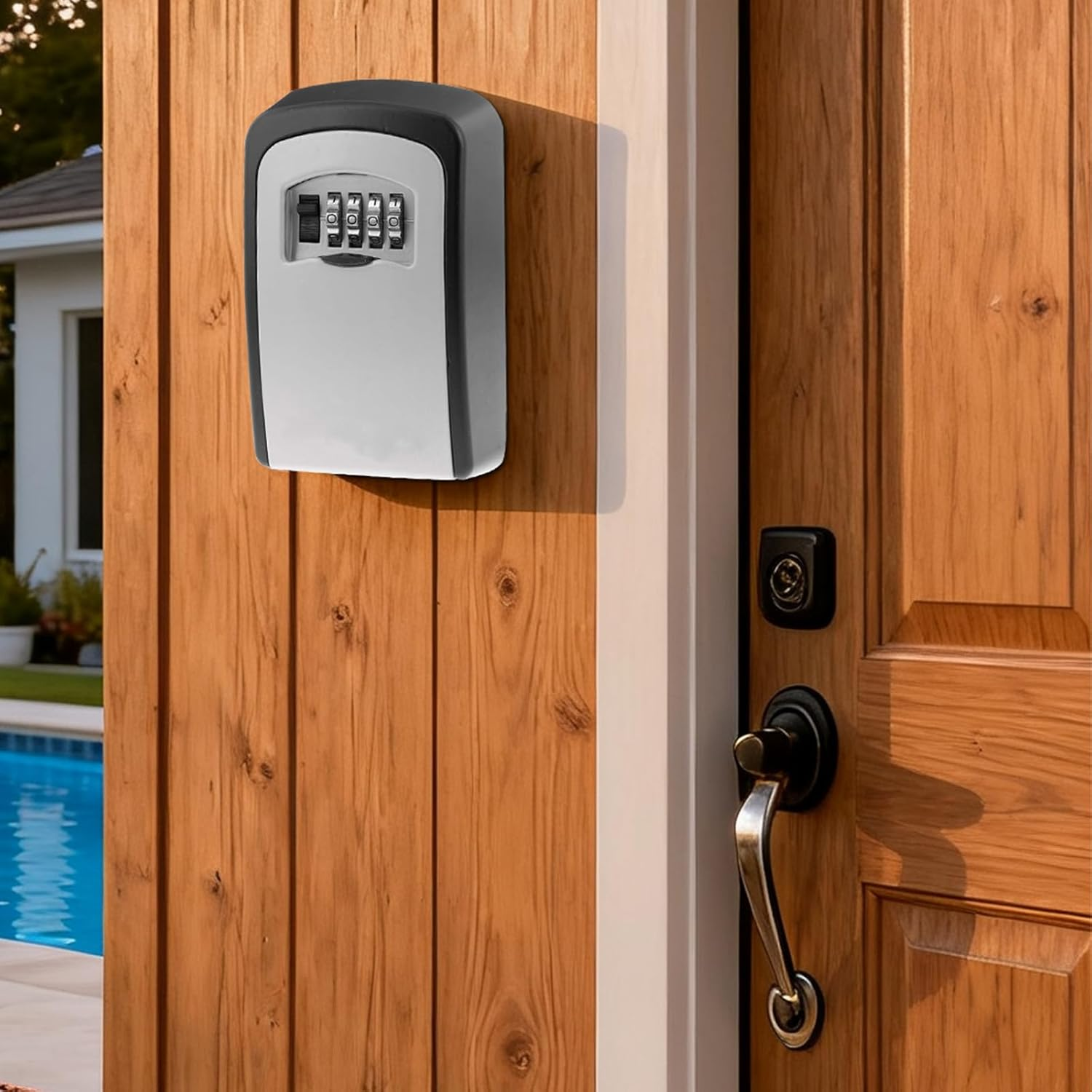Key Lock Box outside with 4-Digit Combination Code Wall Mounted Heavy-Duty Key Lock Holder, Weatherproof Outdoor Hide-A-Key Box for Home, Car, Office (Universal Fit) image number 2