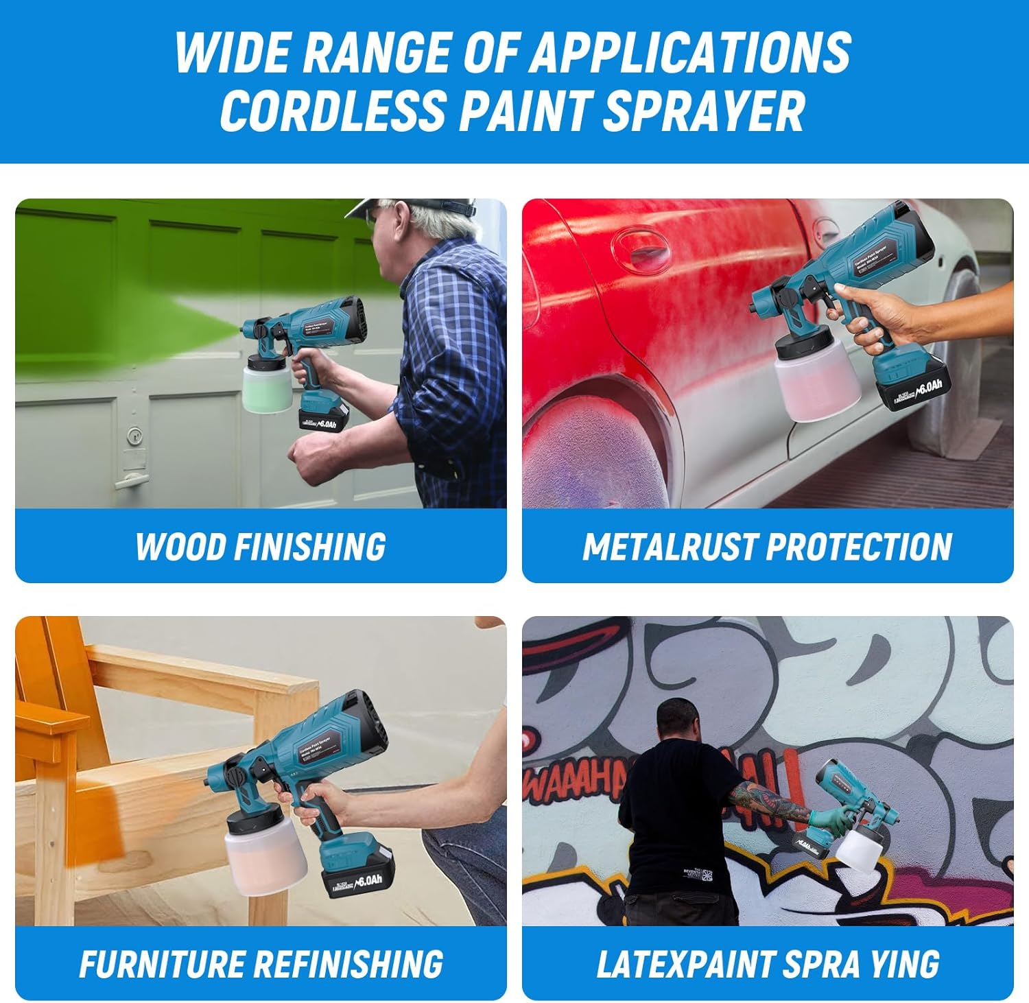 Wireless Paint Spray System for Makita 18 V Battery (Without Battery), Battery Paint Sprayer for Fences and Decking, Spray Gun, Hand Paint Sprayer for Home DIY Painting, 3 Spray Patterns & 1000 Ml - Blue For Makita Batteries image number 1