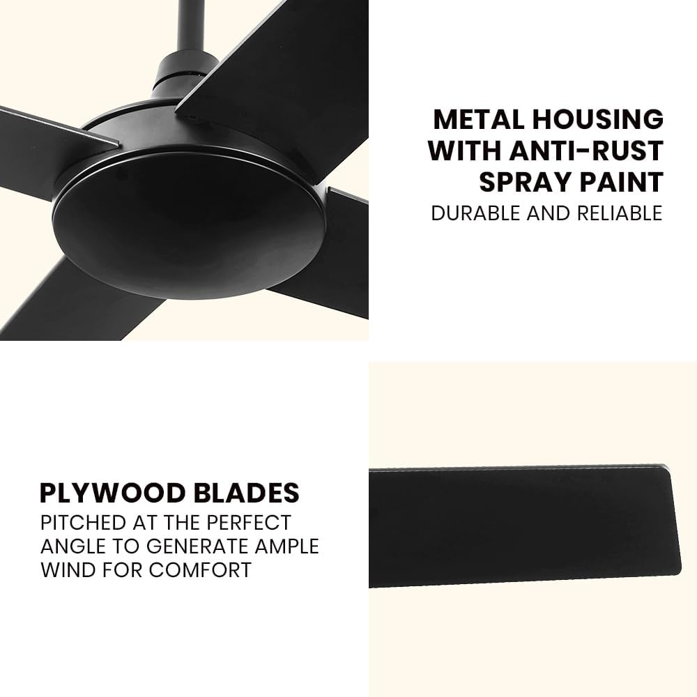 Krear 52" Ceiling Fan with Remote Control, Wood Ceiling Fans with 4 Blades, 6 Speed DC Motor, Indoor Outdoor Ceiling Fan for Patio, Bedroom, Living Room, Office, Black image number 2