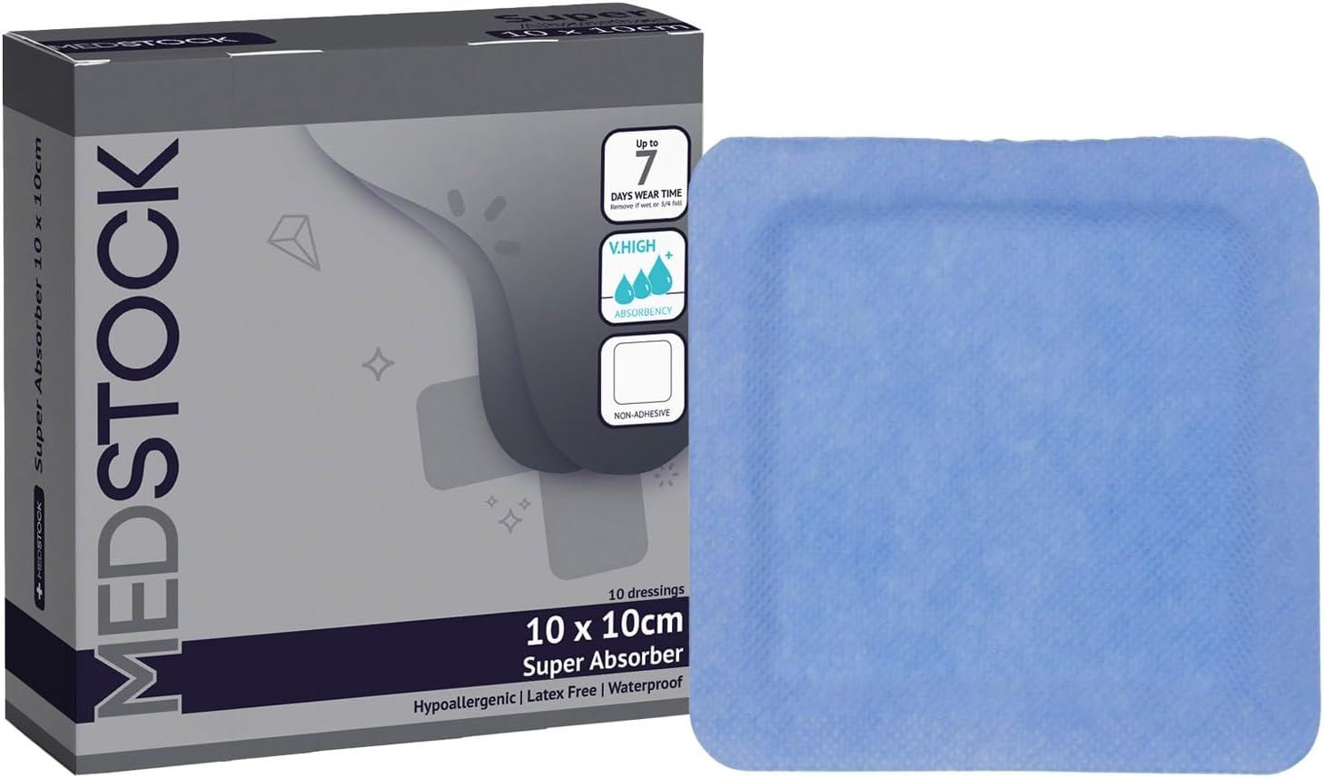 MEDSTOCK Super Absorber Dressing, 10CM X 15CM, 10 Count, Wound Care, Ultimate Absorption, Holds Extra Volumes of Exudate, Less Frequent Dressing Changes, Reduces Damage Risk & Maceration image number 1