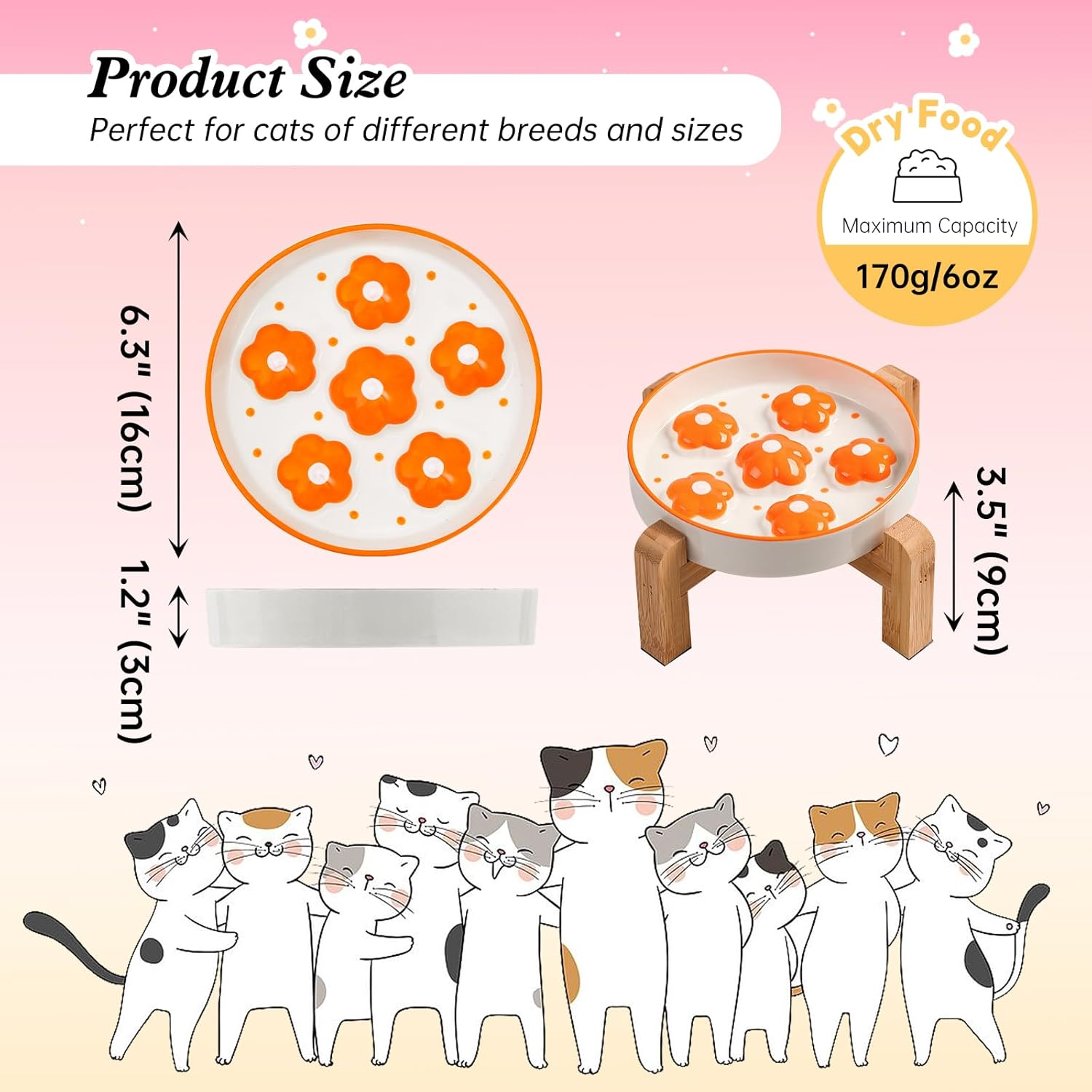 Elevated Slow Feeding Cat Bowl - Raised Anti-Slip Bamboo Stand - Colorful Maze Cat Dish - 6 OZ - Bright Orange Flower - Purple image number 7