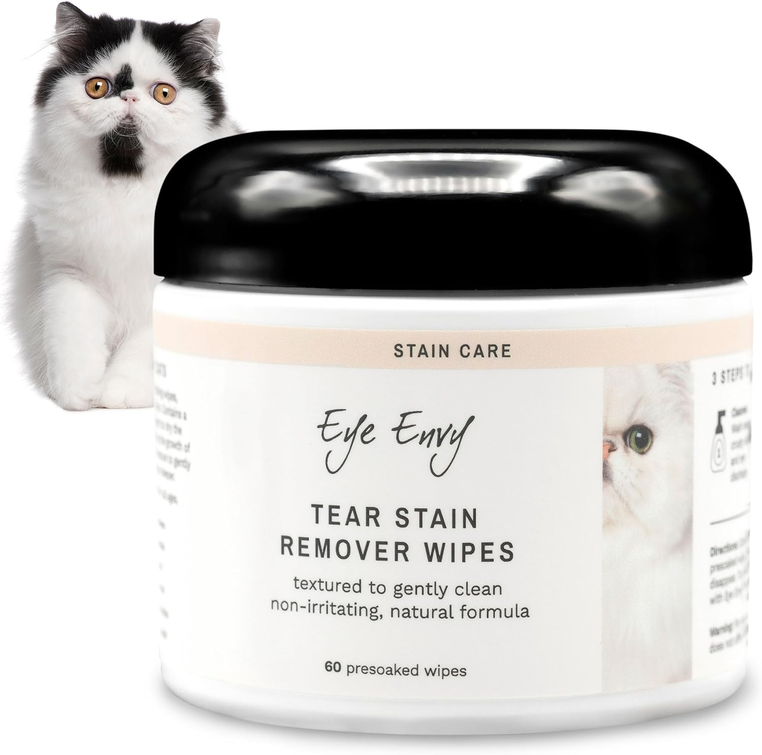 Eye Envy Tear Stain Wipes for Cats | Textured to Gently Clean, Treats the Cause of Staining | 100% Natural Formula | Recommended by Persian & Exotic Breeders, Vets, Groomers | 60 Ct image number 1