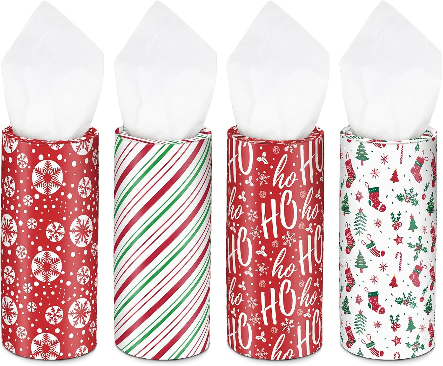 Christmas round Car Tissue Holder - Festive Bulk Facial Tissues, Holiday Decor for Cup Holders - Set of 4 Decorative Cylinders (Snowflakes, Ho Ho Ho, Candy Cane Stripes, Holiday Icons) image number 4