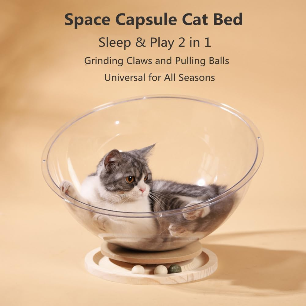 Space Capsule Cat Bed with Track Balls Toy, Transparent Cat House with Solid Wood Stand, Stable All-Season Nest for Cats & Kittens image number 1