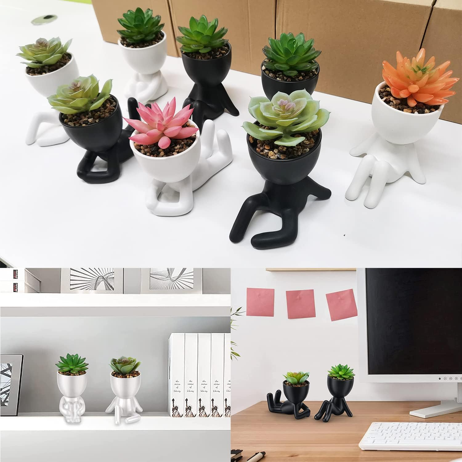Paifeancodill Fake Plants Pot with Succulent Plants, 2 Pcs Fake Succulent with Black Human Shaped Ceramic Pots, Ceramic Flower Pot Planter (Black A) image number 2