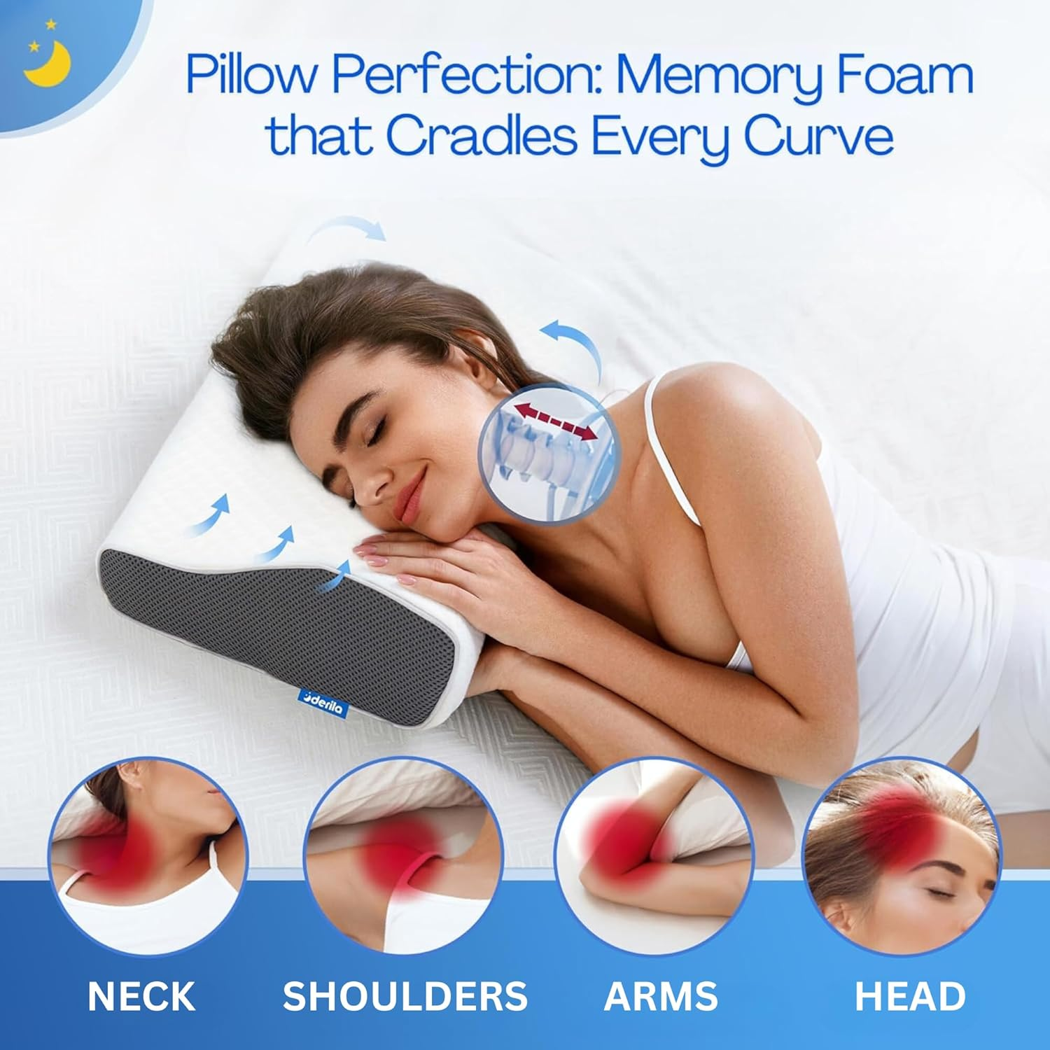Derila Queen Size Cervical Neck Pillow. Ergonomic Bed Pillows for Sleeping. Contour Memory Foam Pillow for Neck & Shoulder Pain Relief, anti Snore. Back, Stomach, Side Sleepers. - White image number 4