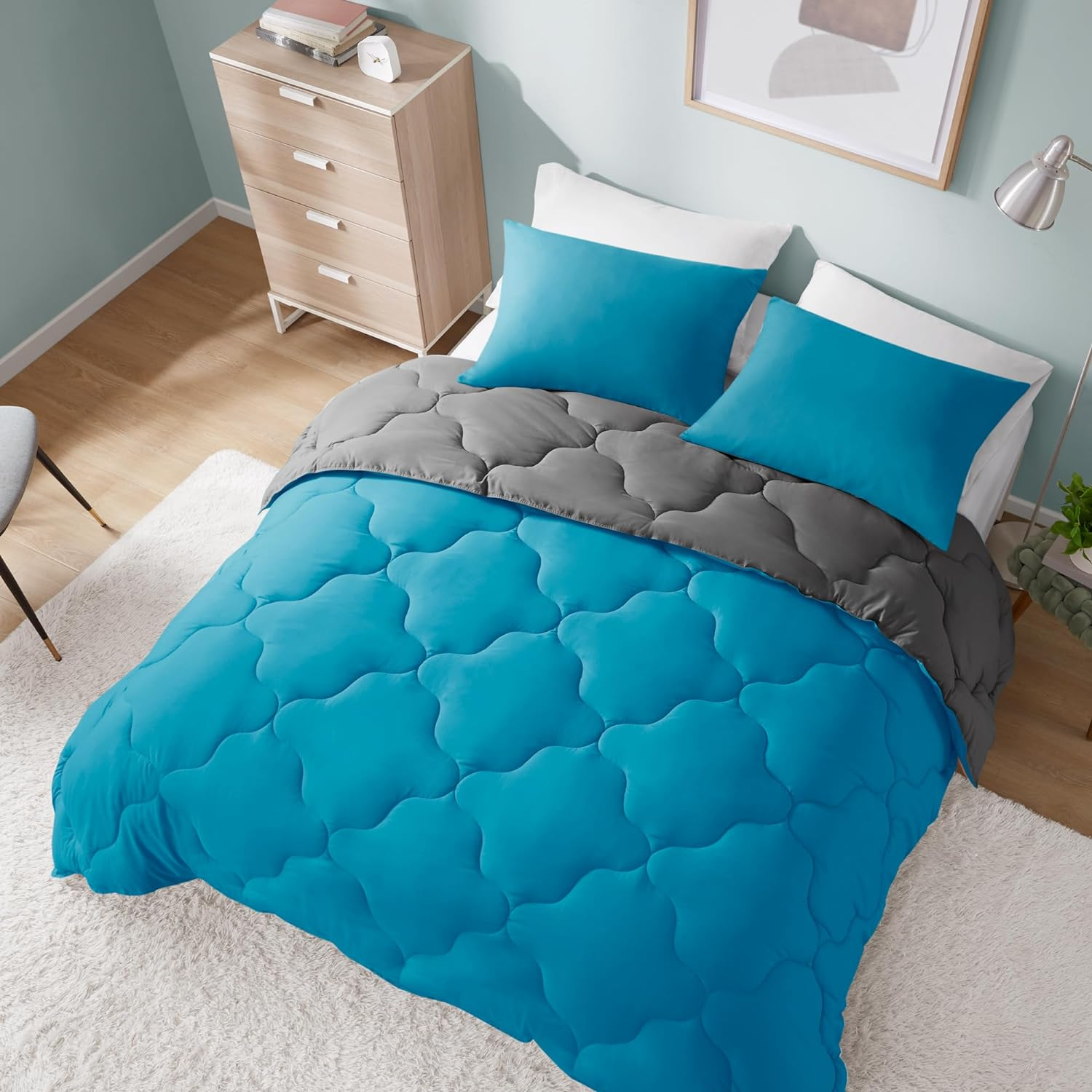 Comfort Spaces Vixie Reversible Comforter Set - Trendy Casual Geometric Quilted Cover, All Season down Alternative Cozy Bedding, Matching Sham, Teal/Charcoal, Full/Queen 3 Piece