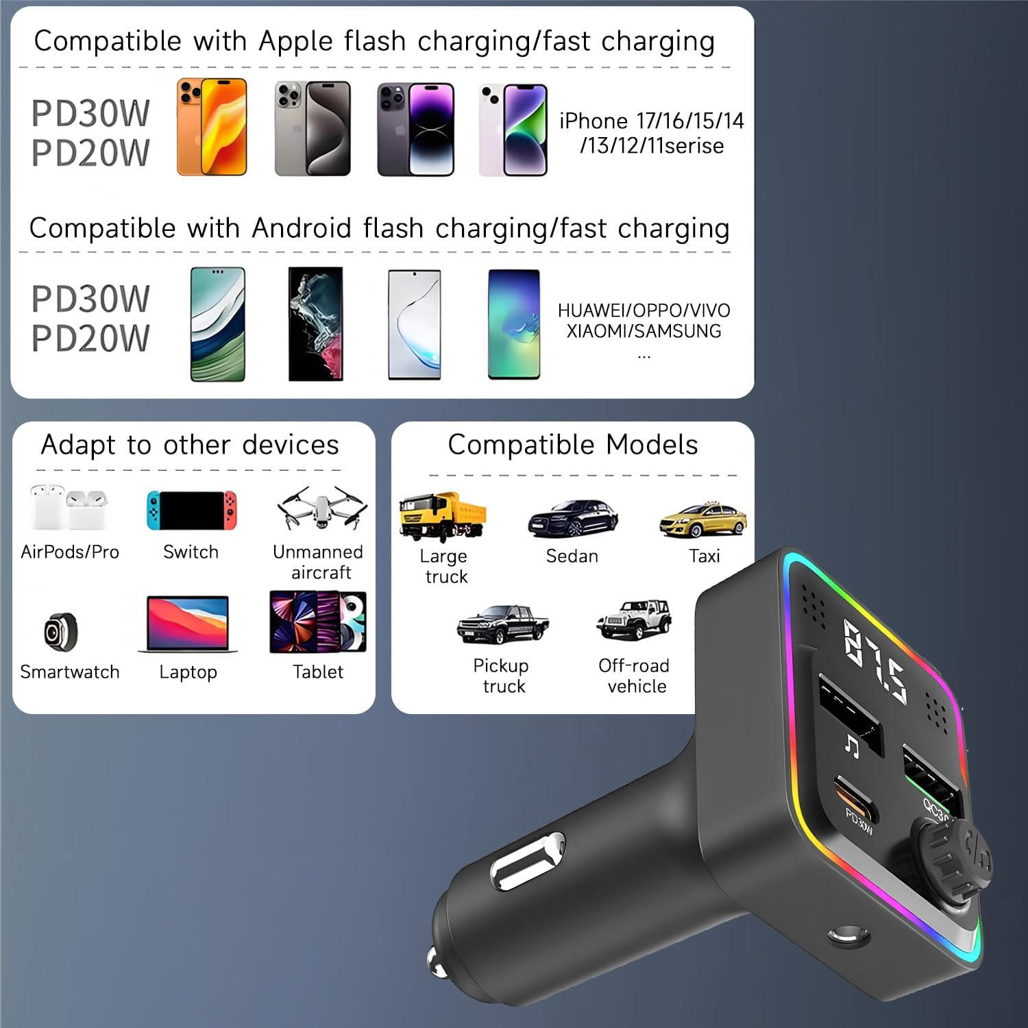 QUMOX Bluetooth 5.3 FM Transmitter Car Charger, PD30W USB-C + QC3.0 Fast Charging, 7-Color Ambient Light, Hands-Free Calling, Dual USB Ports, Universal 12-24V Car Compatibility