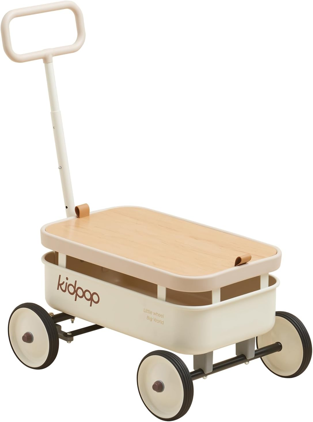 Pula-Wild 3-In-1 Kids' Pull-Along Wagon Toddlers Push Walker for 2.5-8, Removable Wooden Cover and Adjustable Handlebar, Birthday Gifts Max Weight 33 Lbs (White)