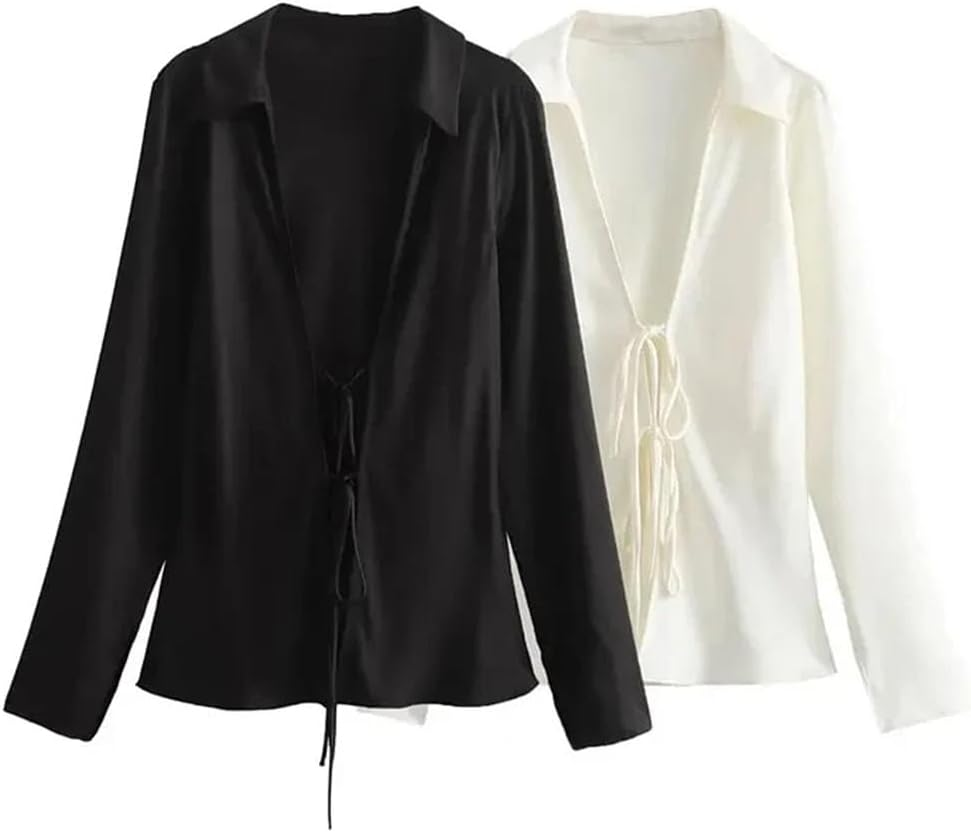 Women'S Satin Lapel Blouses Long Sleeve Bow Lace-Up Shirt Casual Slim V-Neck Tops Streetwear image number 5